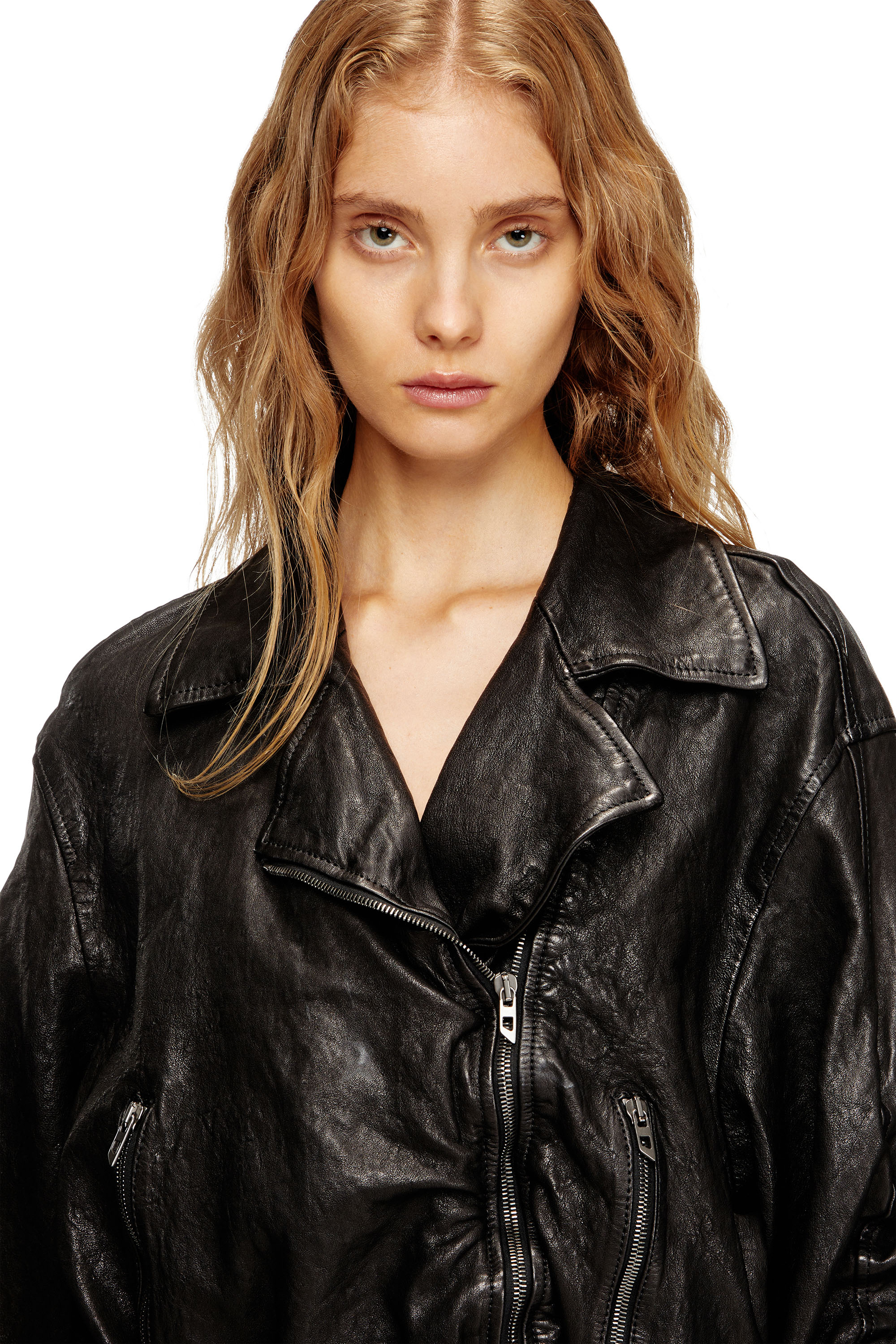 Diesel - L-OYS, Chaqueta con cinturón en cuero hervido Mujer in Negro - 5