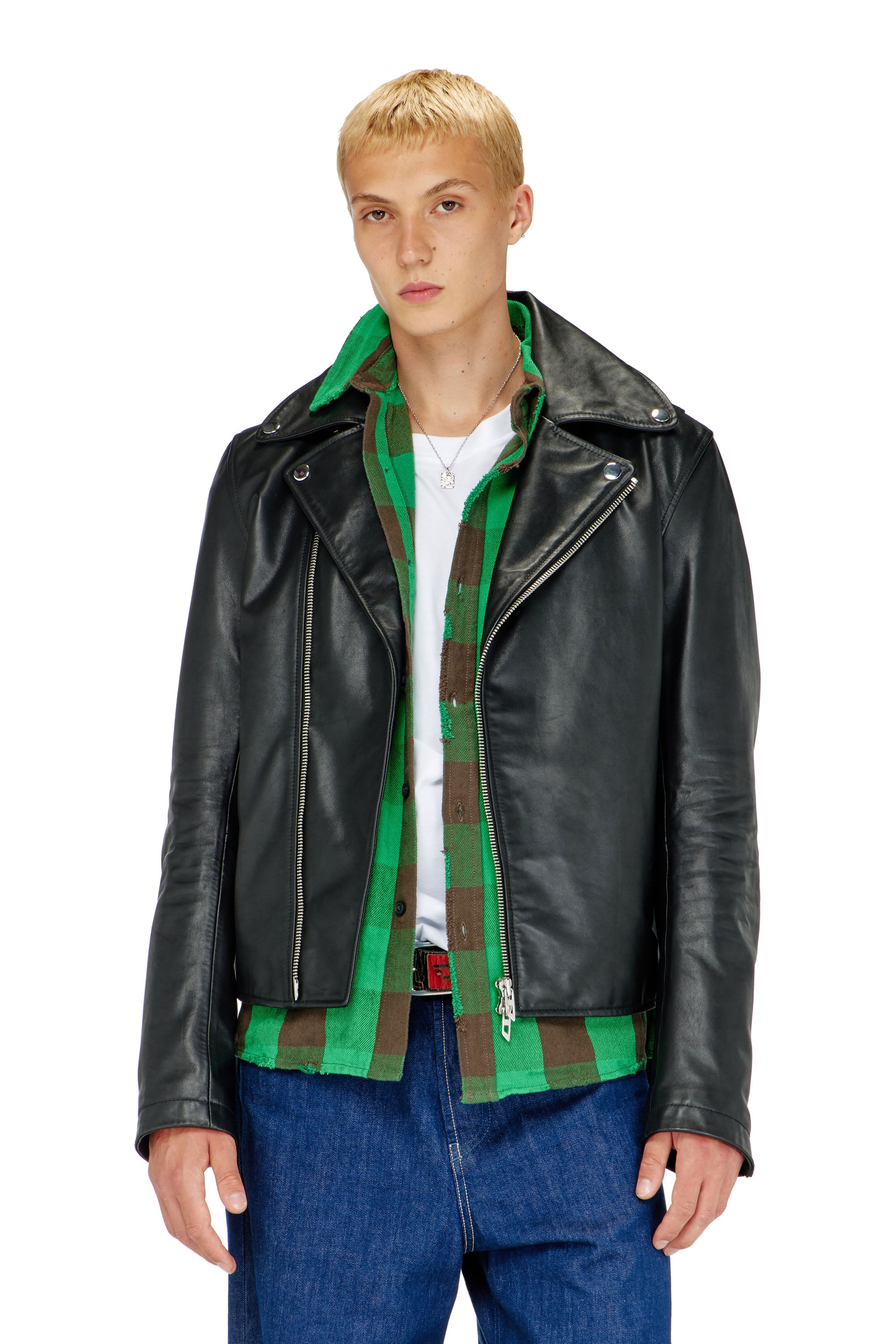 Diesel - L-EO-WRD, Chaqueta biker de cuero encerado Hombre in Negro - 3