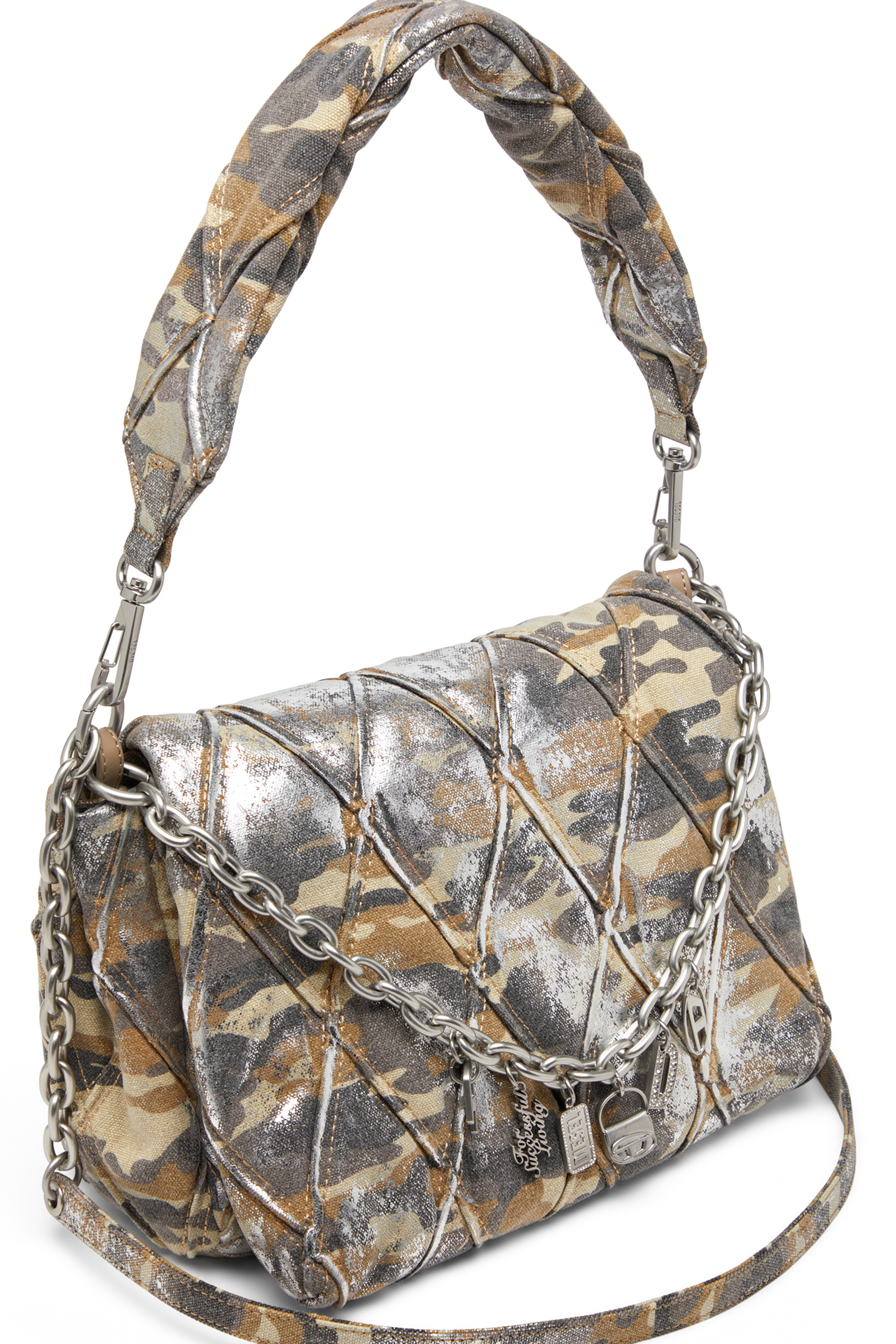 Diesel - CHARM-D SHOULDER M, Bolso de hombro en lona camo metálica Mujer in Multicolor - 6