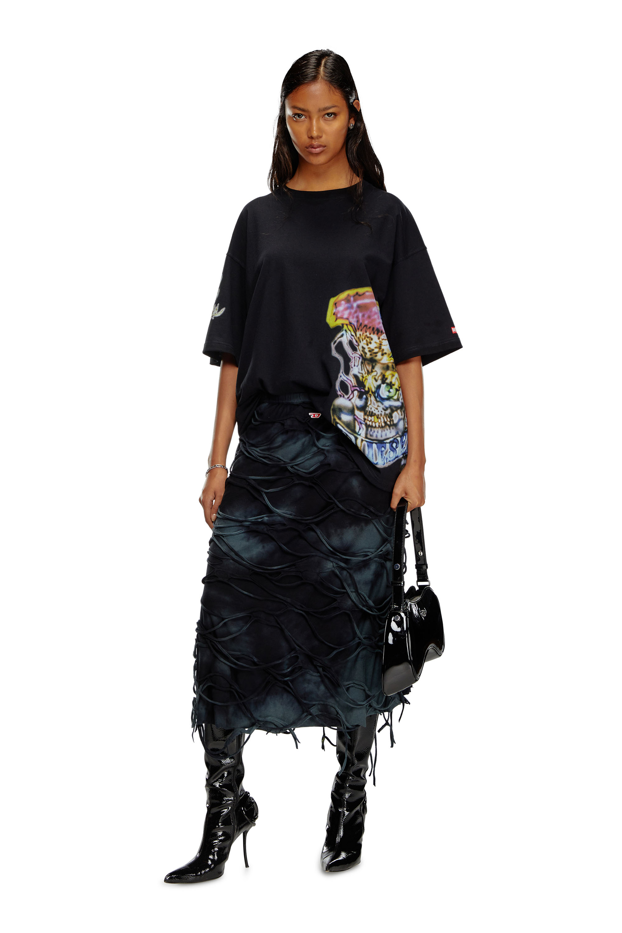 Diesel - O-JAL, Mujer Falda midi con mechas flotantes in Negro - Image 2