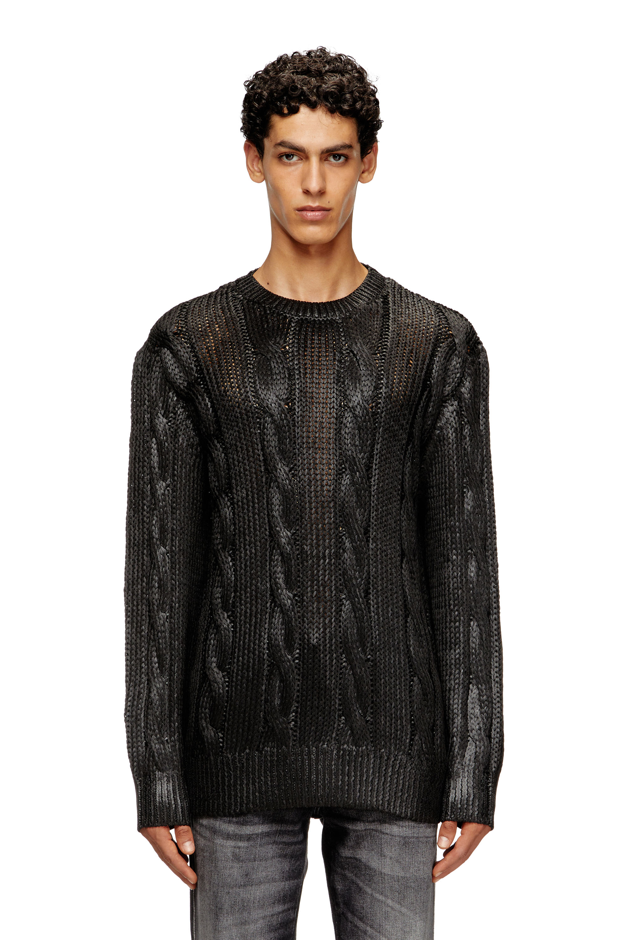 Diesel - K-MICHIU, Jersey de punto trenzado con efecto brillante Hombre in Negro - 3