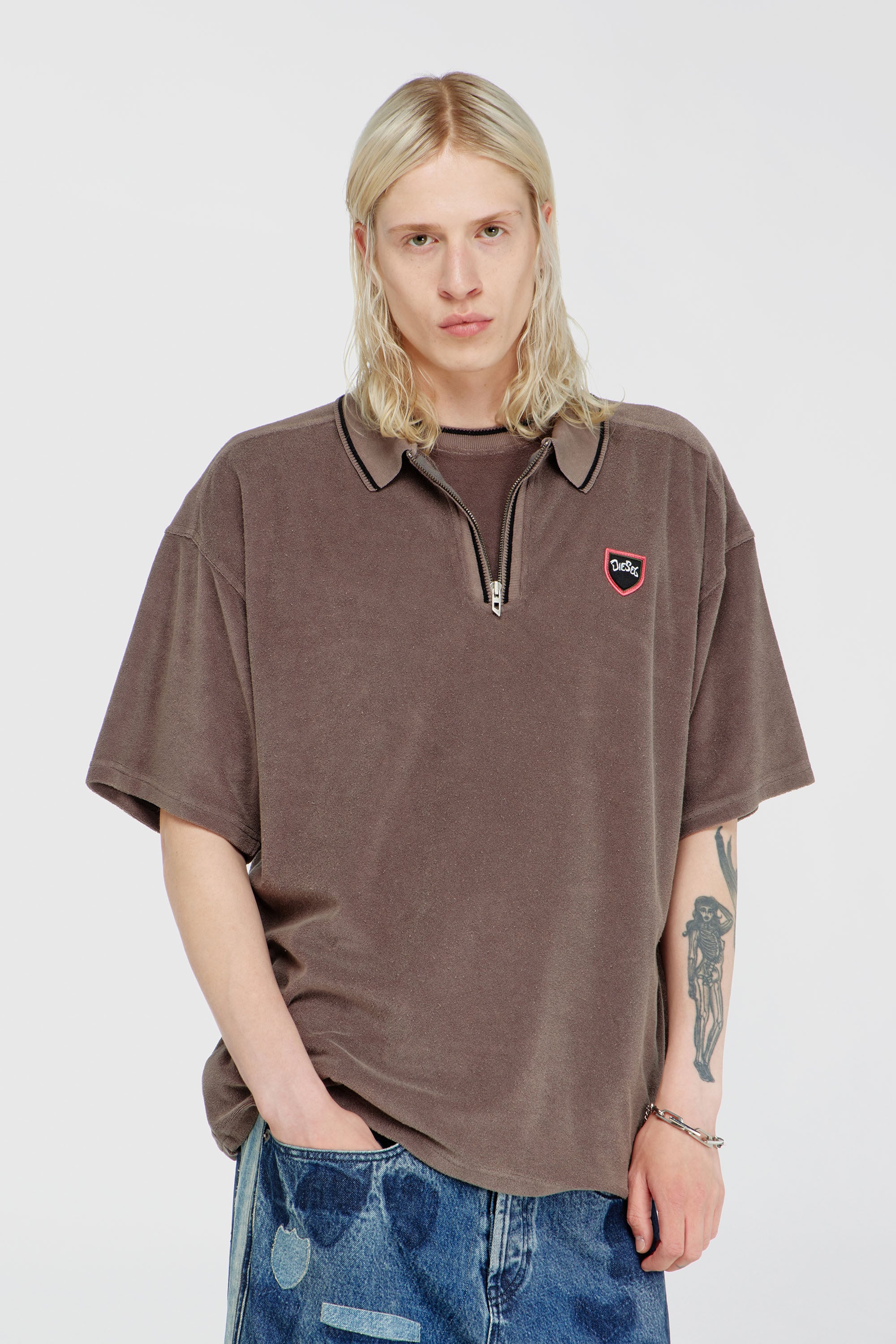Diesel - T-SPONGY-ZIP, Polo de chenilla con patch de escudo Hombre in Marr&oacute;n - 1