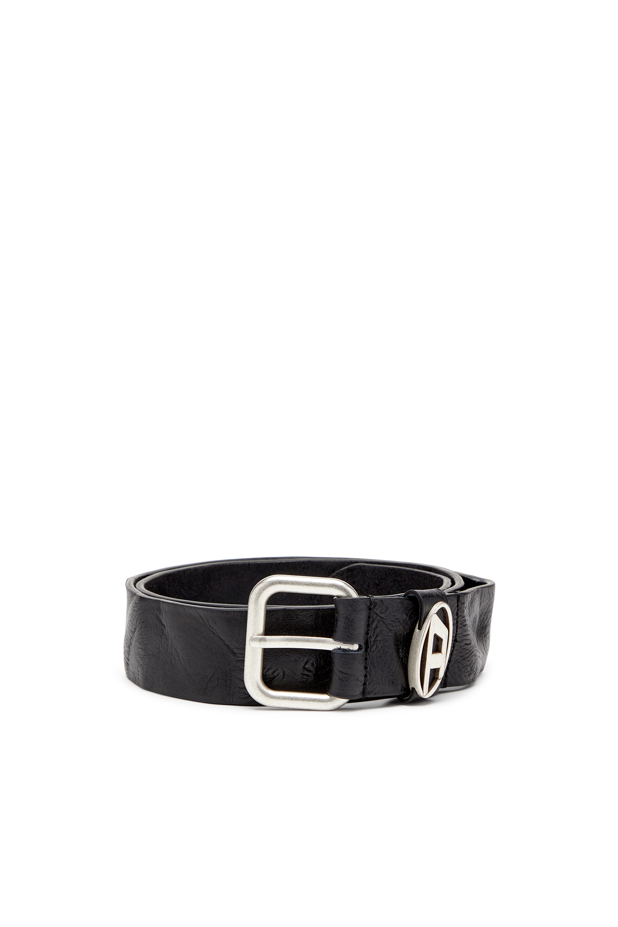 Diesel - B-1DR OVAL D LOOP, Cinturón de cuero arrugado con una placa con el logotipo Unisex in Negro - 1