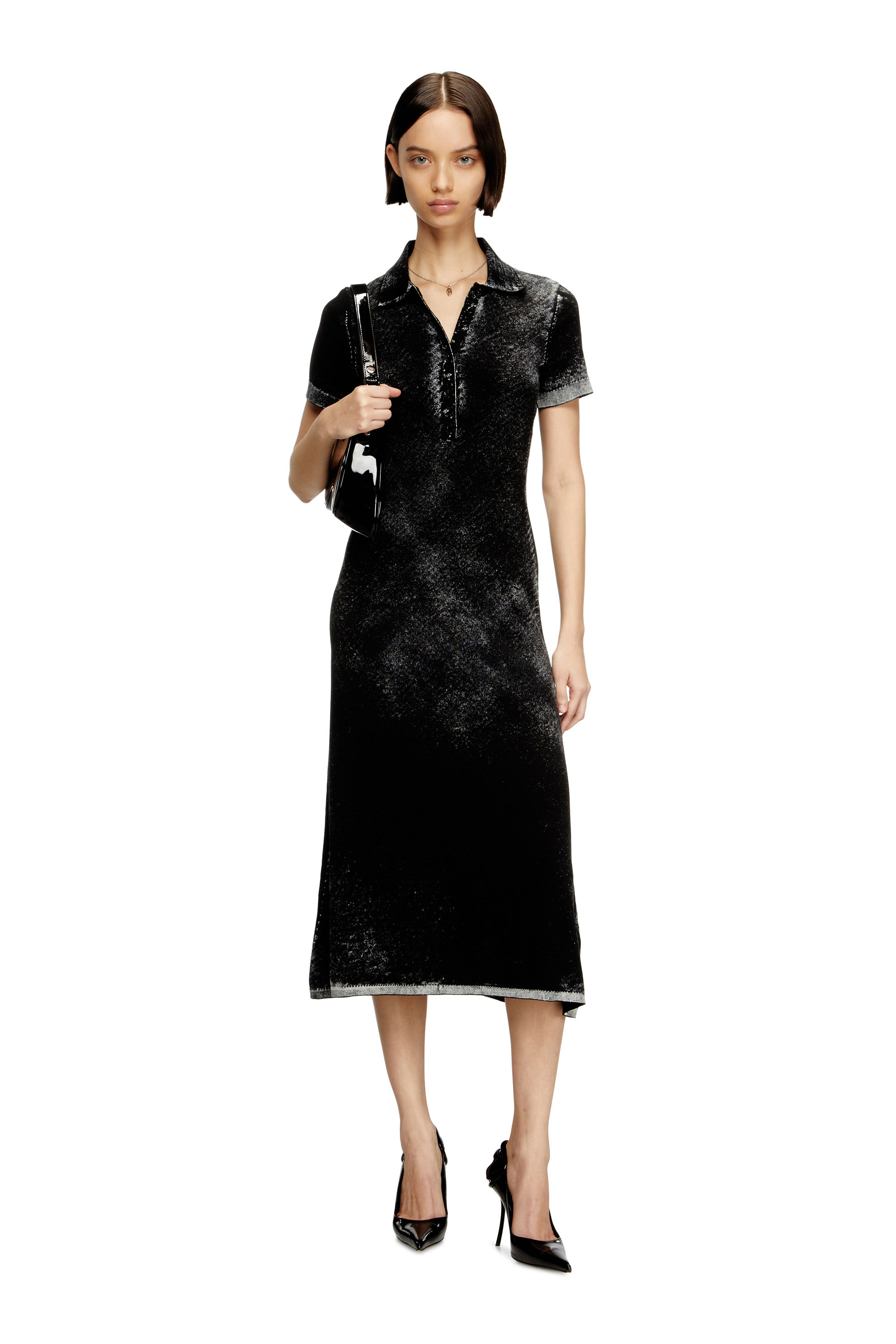 Diesel - M-LOURENS, Vestido polo midi en tejido de punto con estampado inverso Mujer in Negro - 1