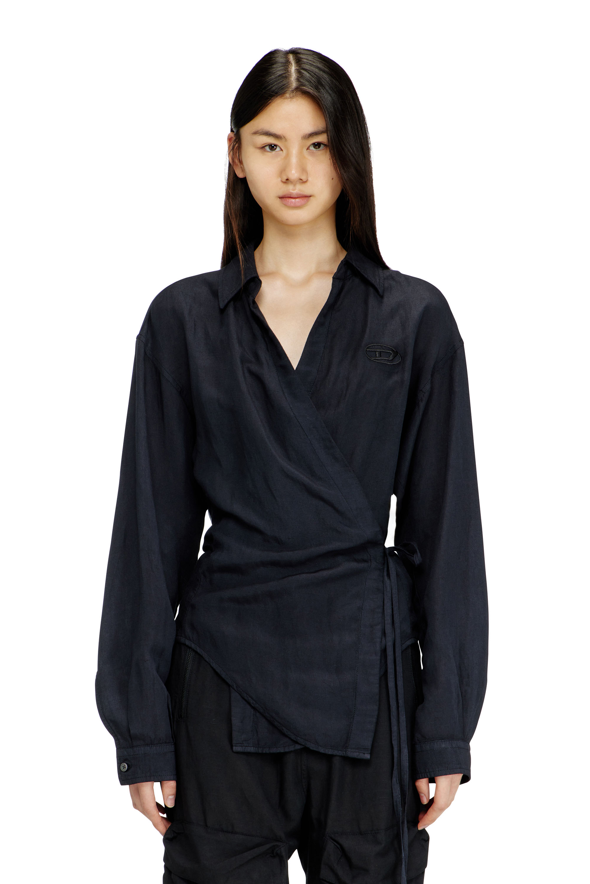 Diesel - C-DELPHOS-S3, Camisa de mezcla de lino con cierre envolvente Mujer in Negro - 1