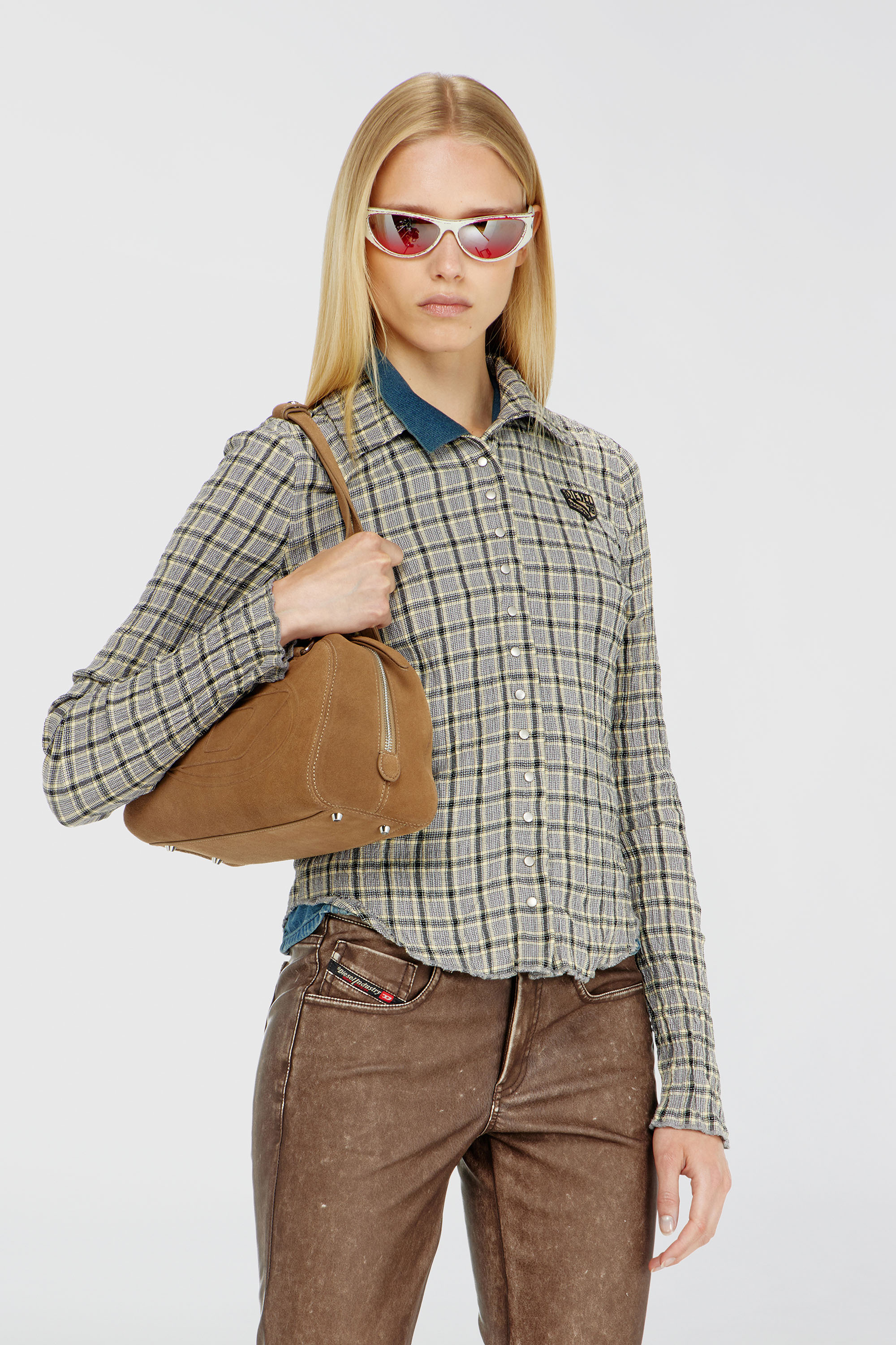 Diesel - C-ARRILON, Camisa de cuadros con efecto seersucker Mujer in Gris - 1