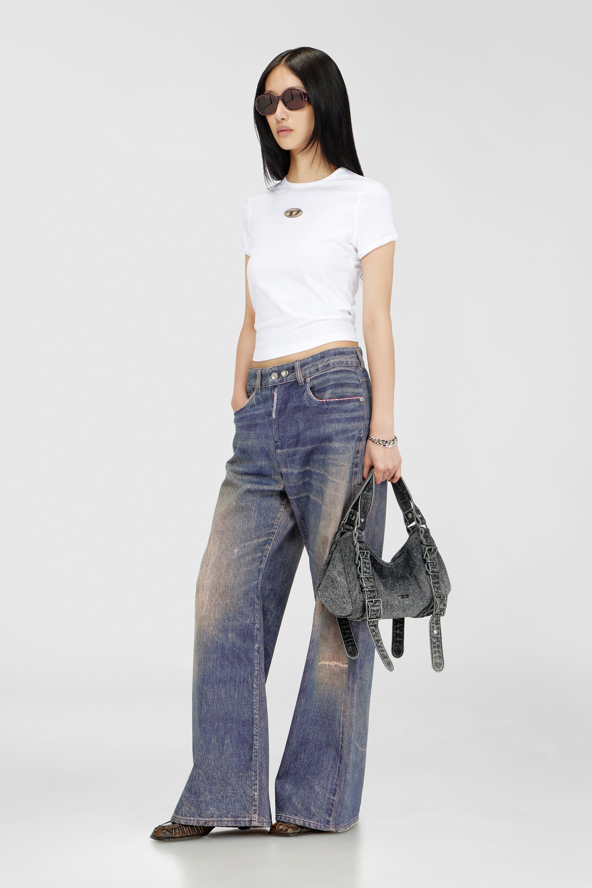 Diesel - D-ONE TOPHANDLE S, D-One-Bolso small con asa superior de denim solarizado con cristales Mujer in Negro - 3
