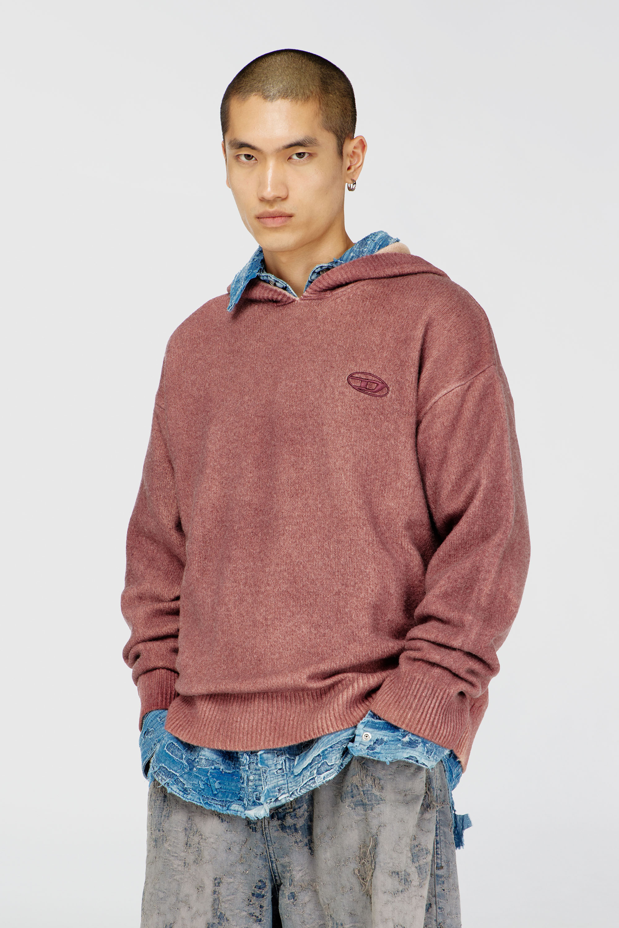 Diesel - K-PICKLED, Sudadera con capucha te&ntilde;ida doble en punto mezcla de lana Hombre in Rojo - 3