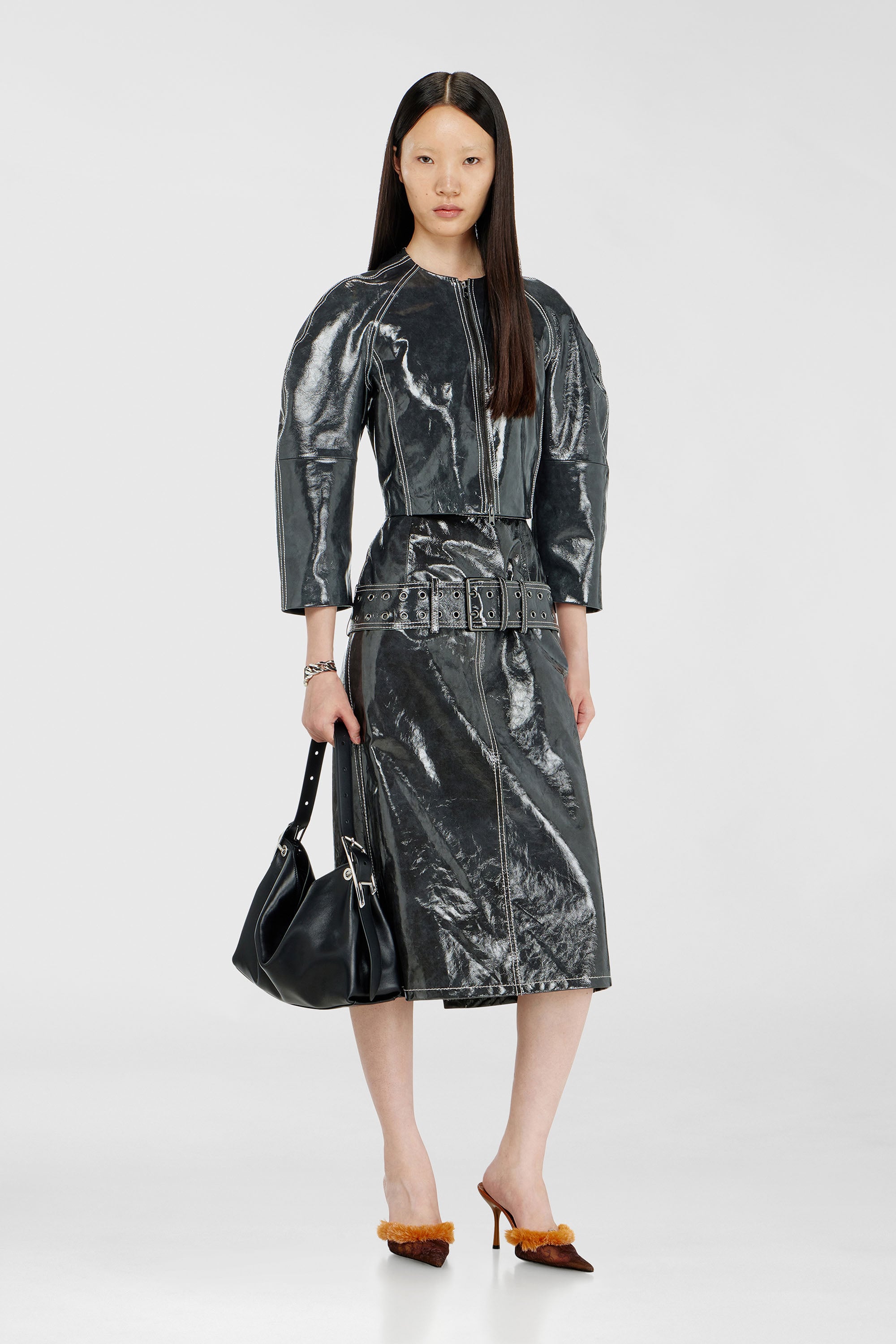 Diesel - L-ASCAR, Falda midi de charol con cintur&oacute;n Mujer in Gris - 1