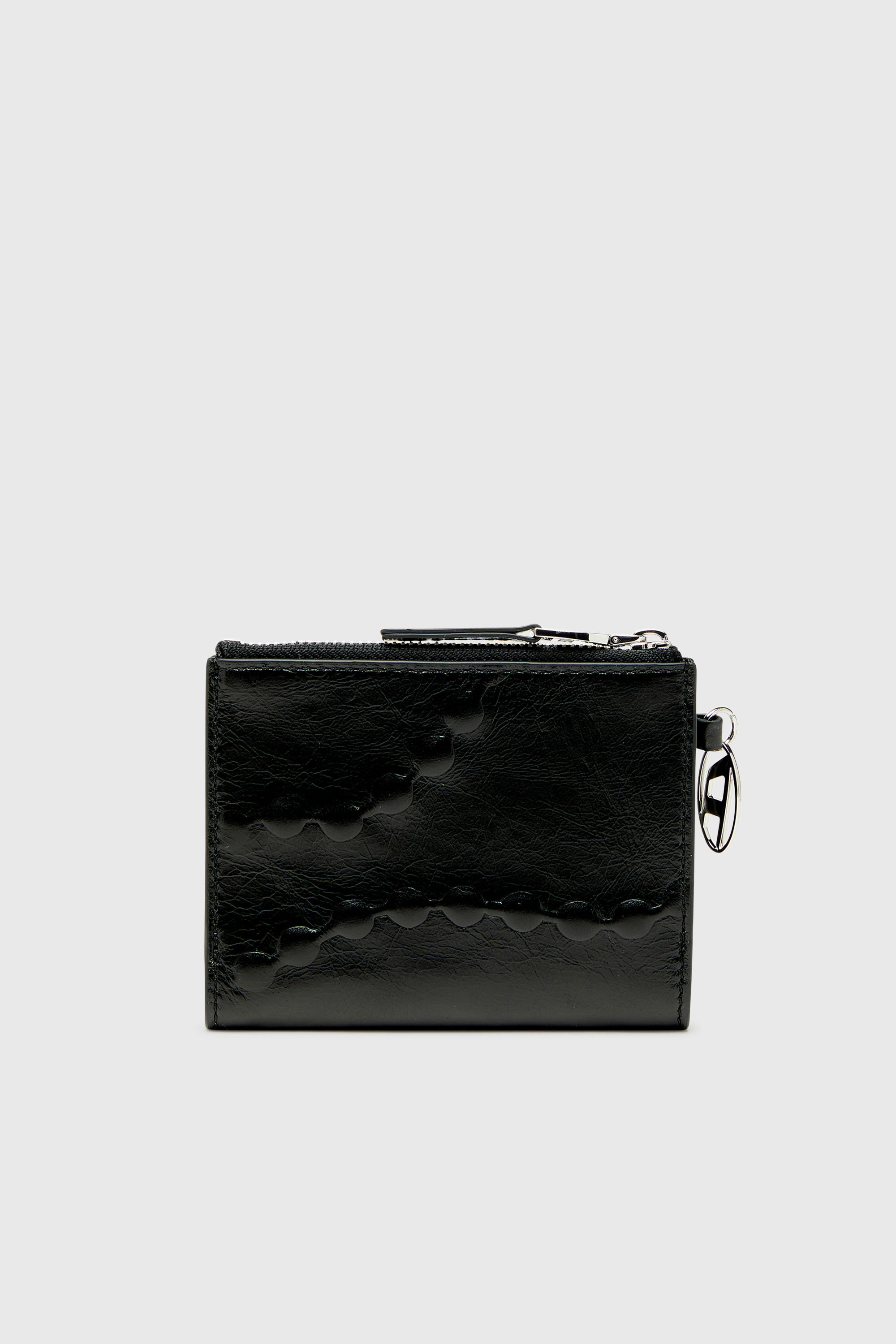 Diesel - OVAL-D BI FOLD ZIP II, Cartera de piel tipo bi-fold con motivo de cadena grabado Mujer in Negro - 2