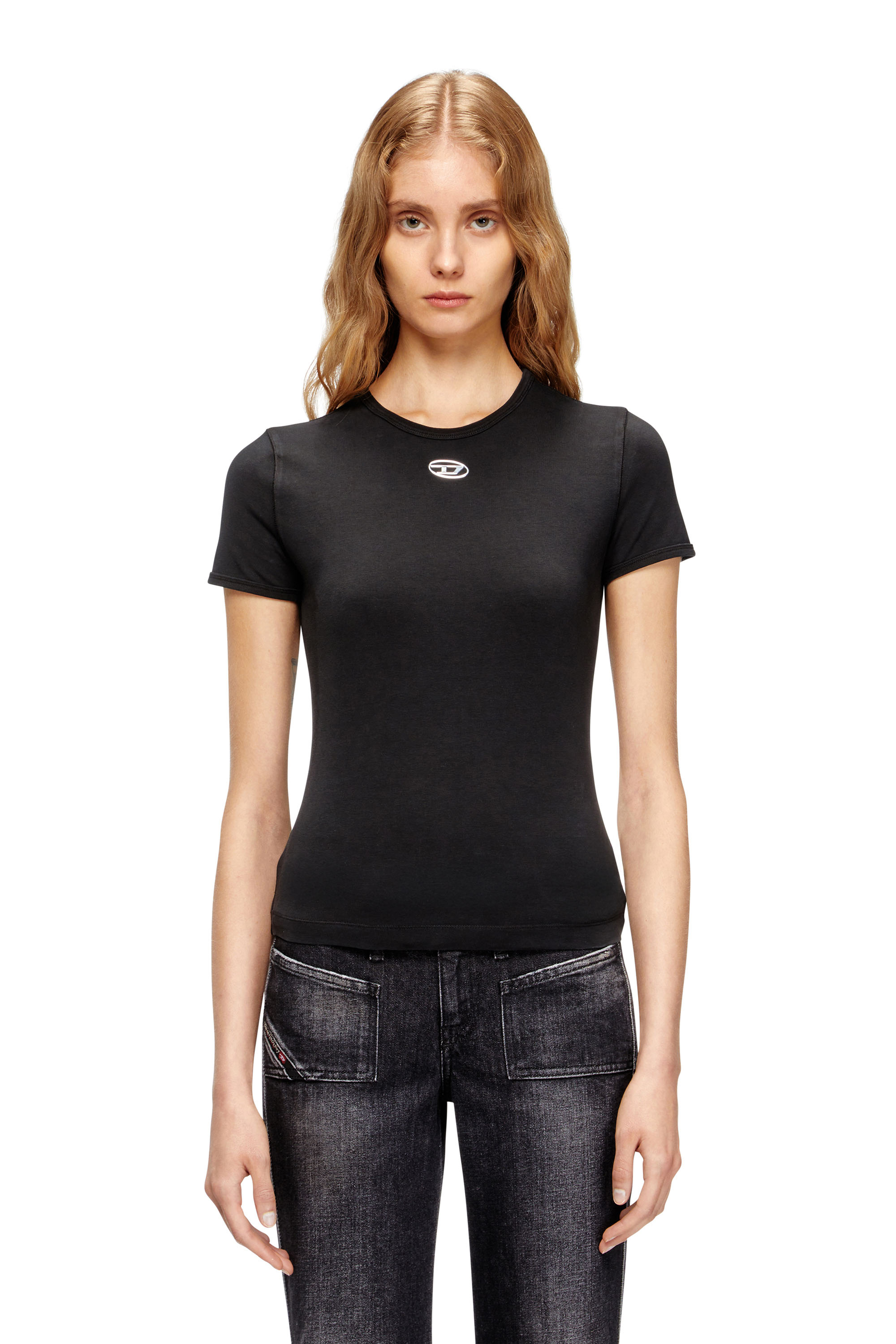 Diesel - T-UNCUTIESLONG-OD, Woman's Slim-fit T-shirt with metallic Oval D in Black - 3