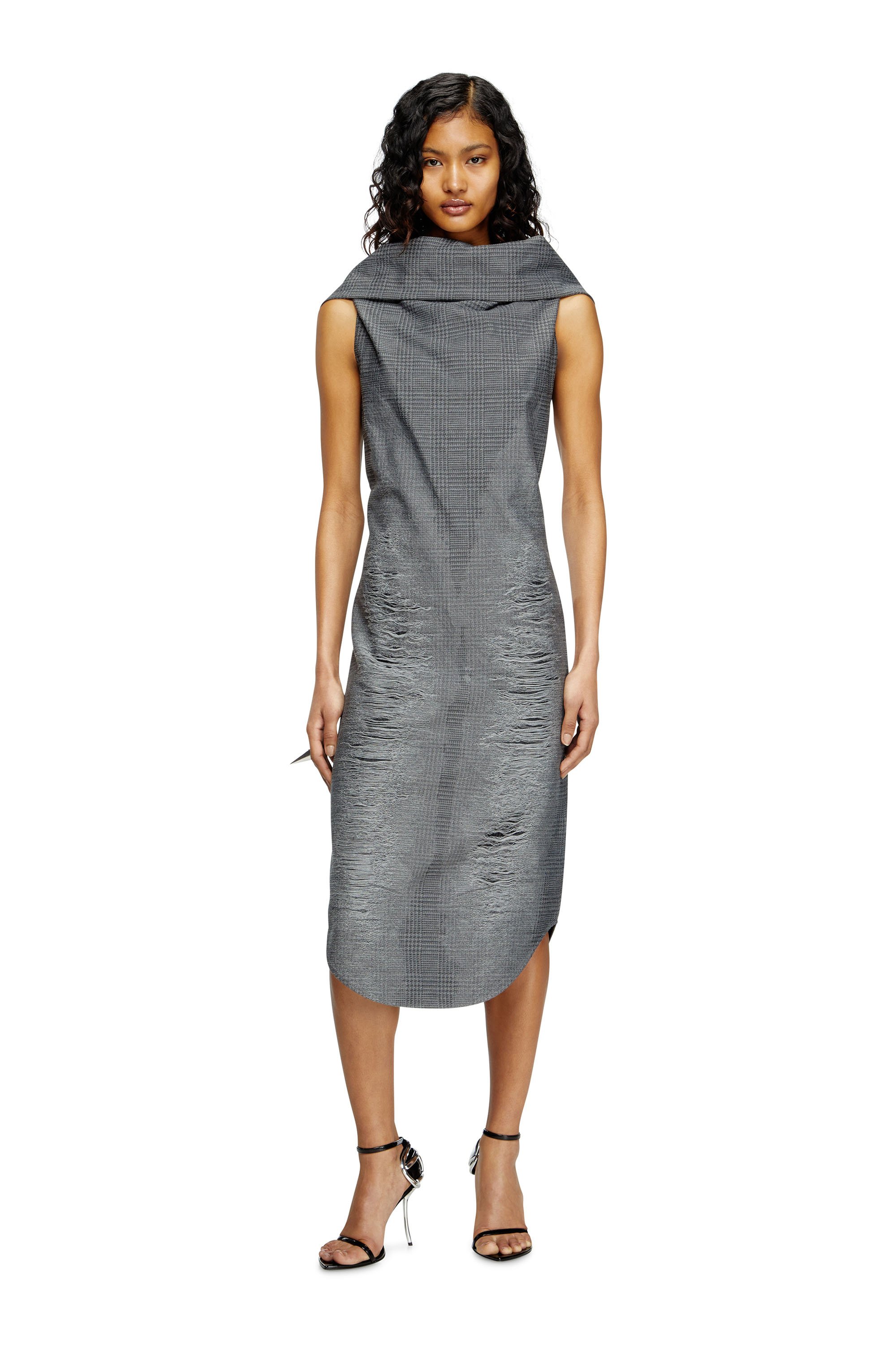 Diesel - D-MAUVE, Woman's Prince of Wales midi dress with distressing in Grey - 1