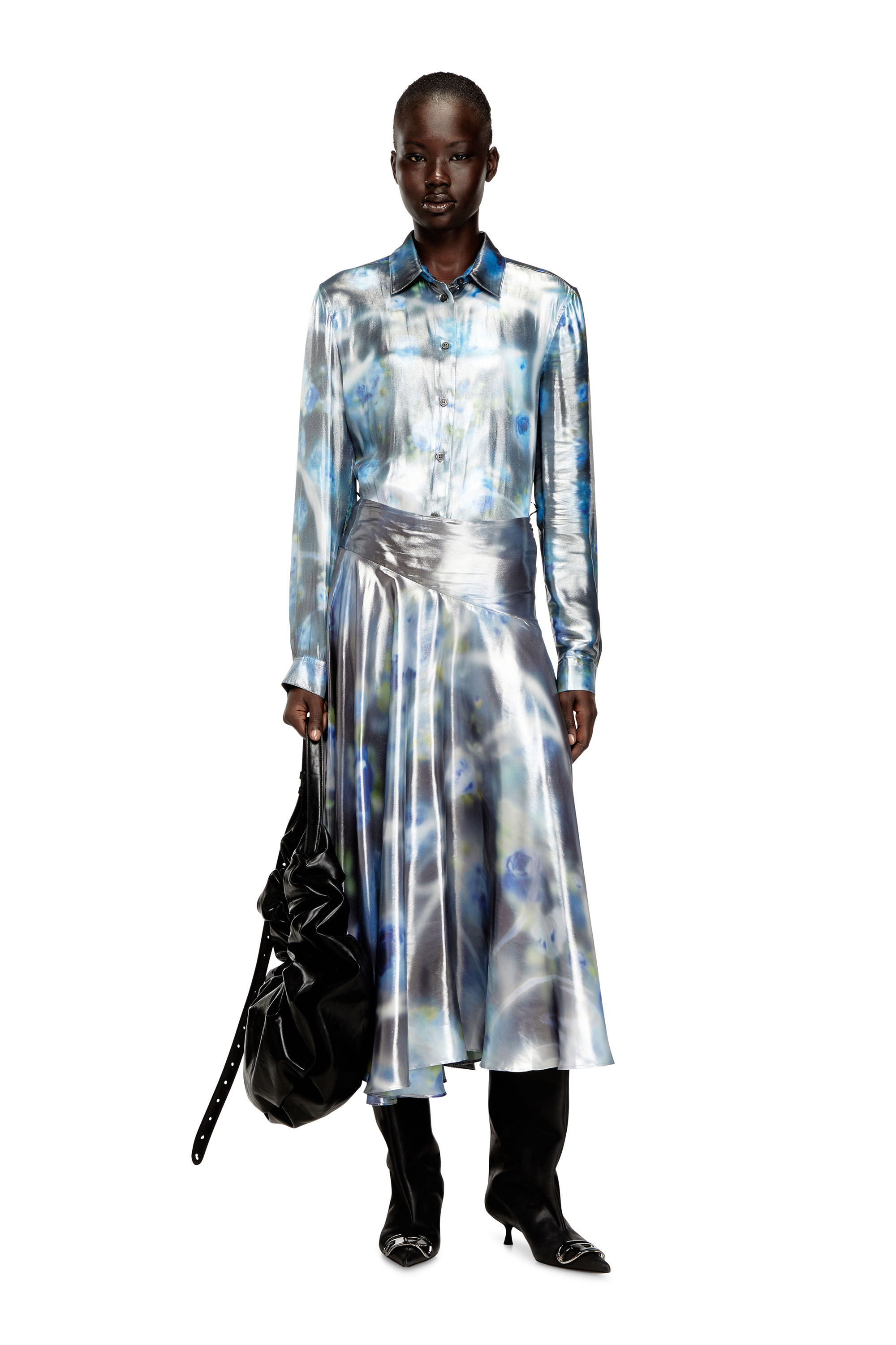 Diesel - C-RONOR-S2, Camisa metálica con estampado de rosas difusas Mujer in Azul marino - 2