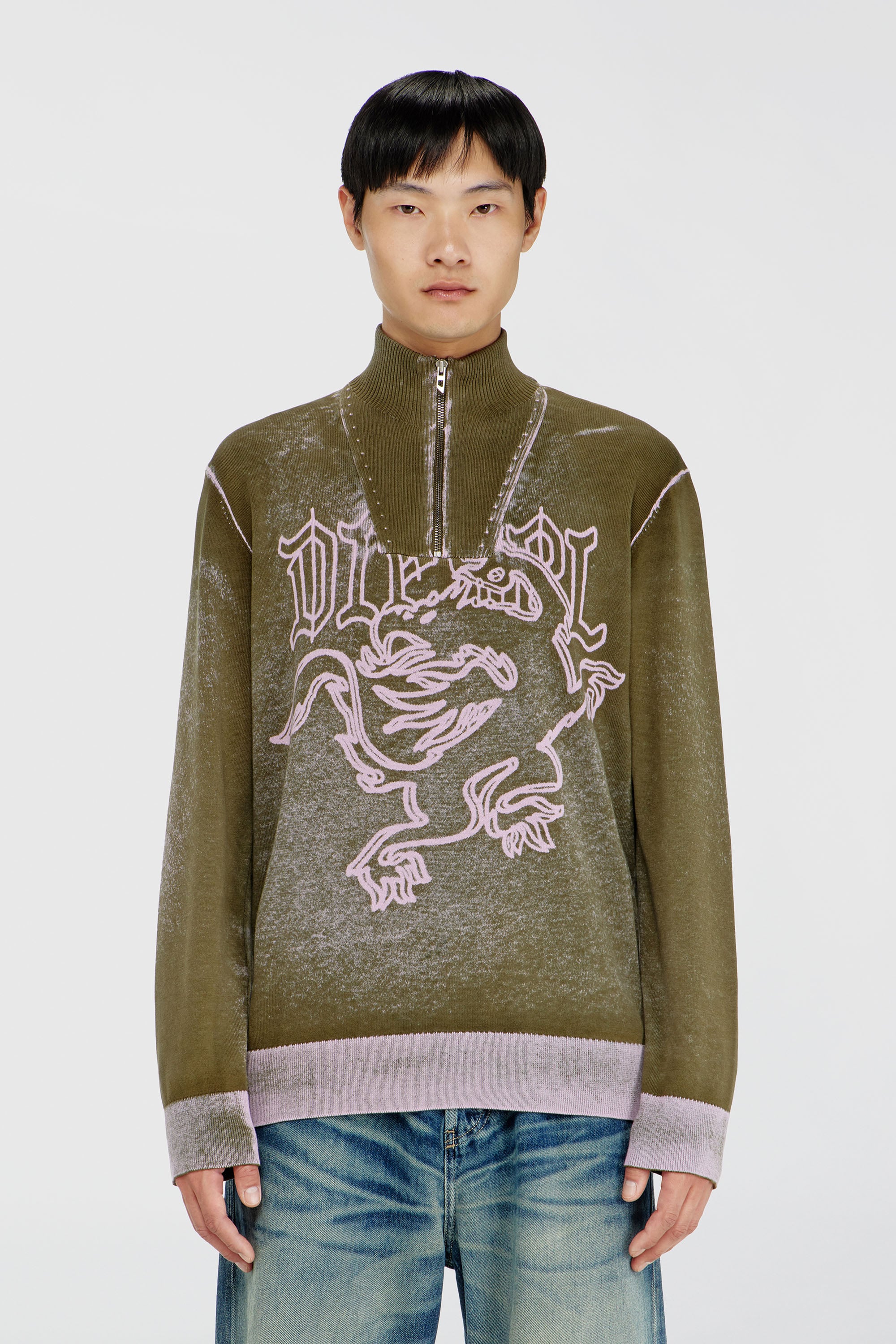 Diesel - K-LAUTARE, Treated half-zip jumper con motivo de griffin Hombre in Verde - 1