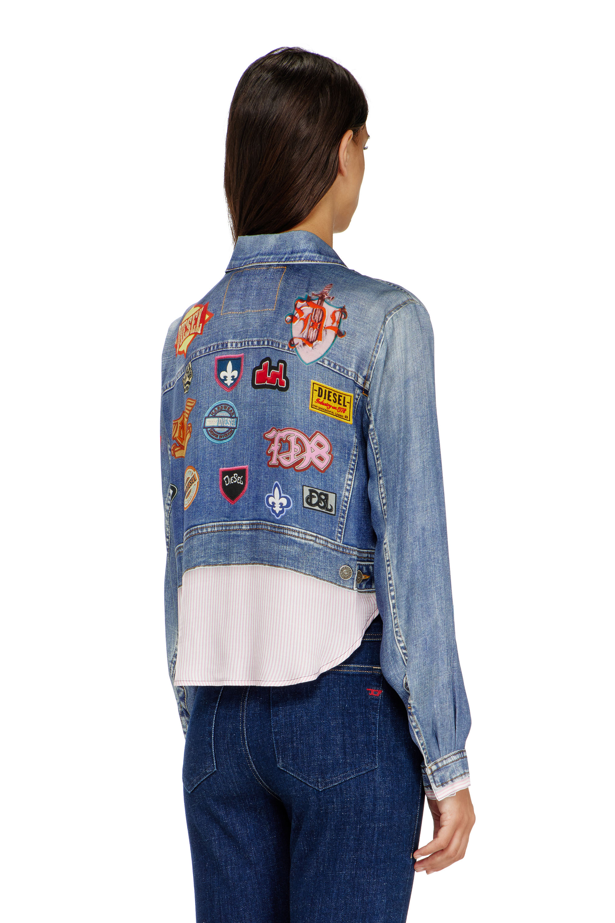Diesel - C-LONE, Camisa cropped de sat&eacute;n con estampado denim trompe-l&rsquo;oeil Mujer in ToBeDefined - 4