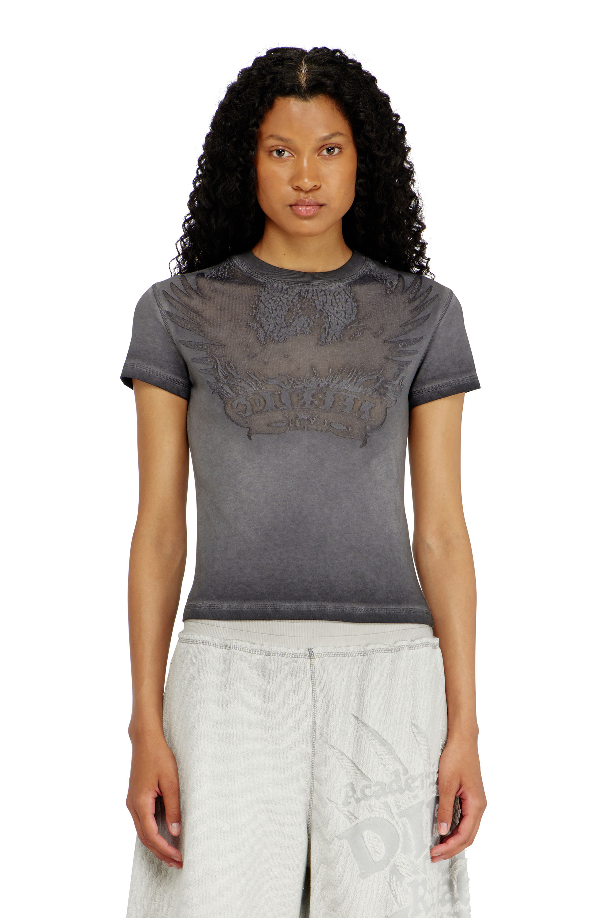 Diesel - T-ILA-AA7, Camiseta slim con d&eacute;vor&eacute; Phoenix Mujer in Gris - 1