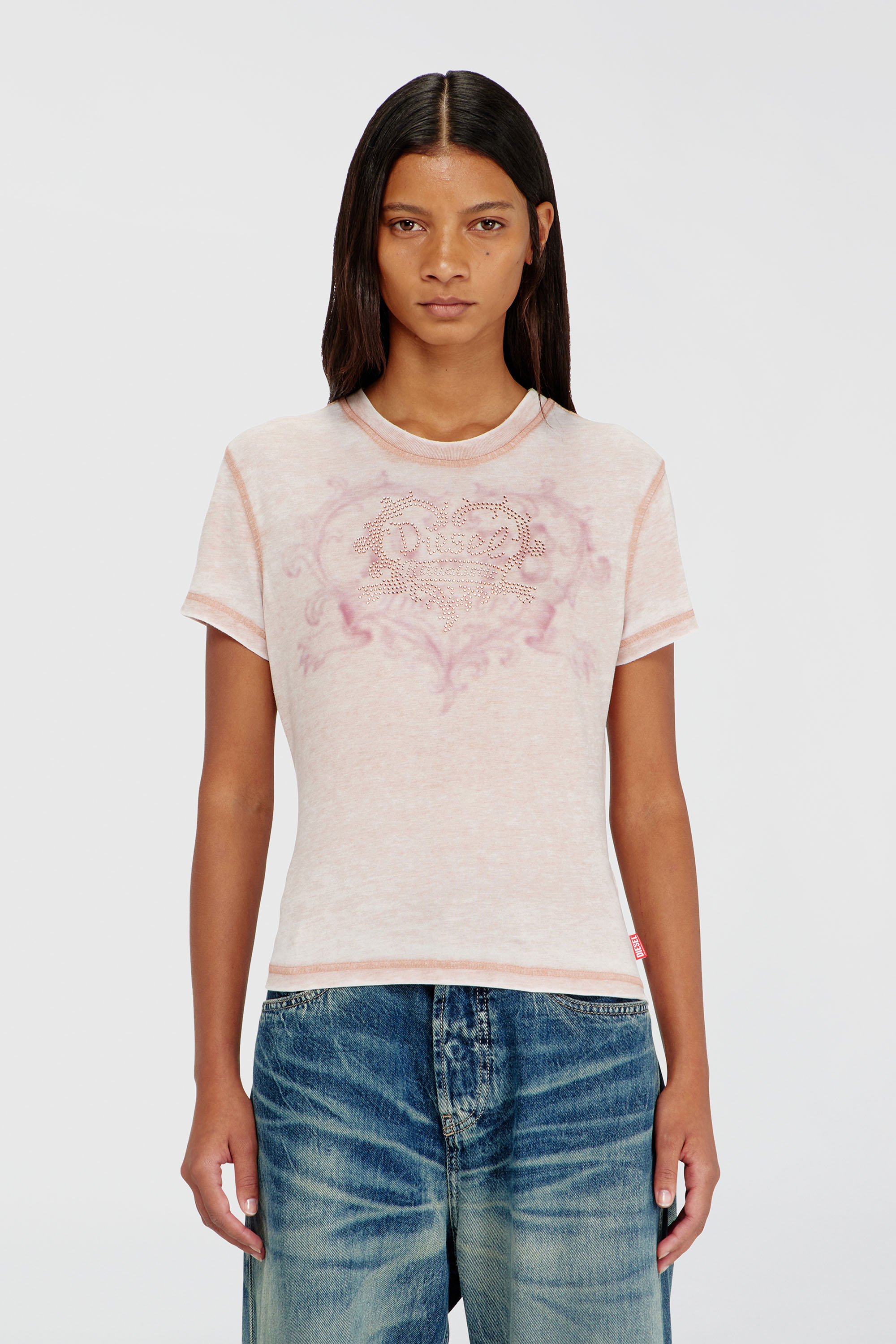 Diesel - T-ILA-AA1, Camiseta de jersey con strass y burnout effect Mujer in Rosa - 1