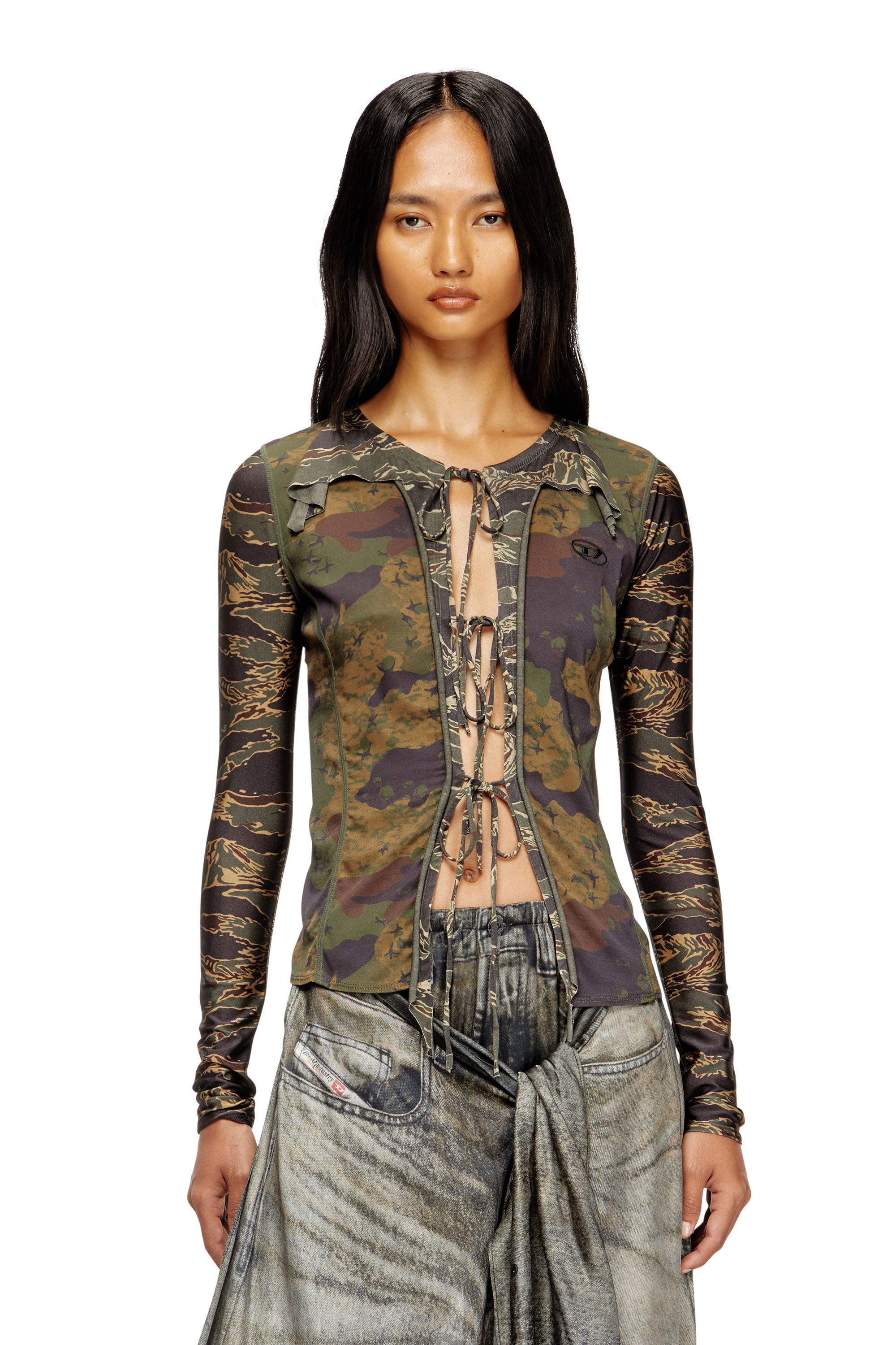 Diesel - T-AFRY, Cárdigan con lazo y mezcla de estampados de camuflaje Mujer in Verde - 1