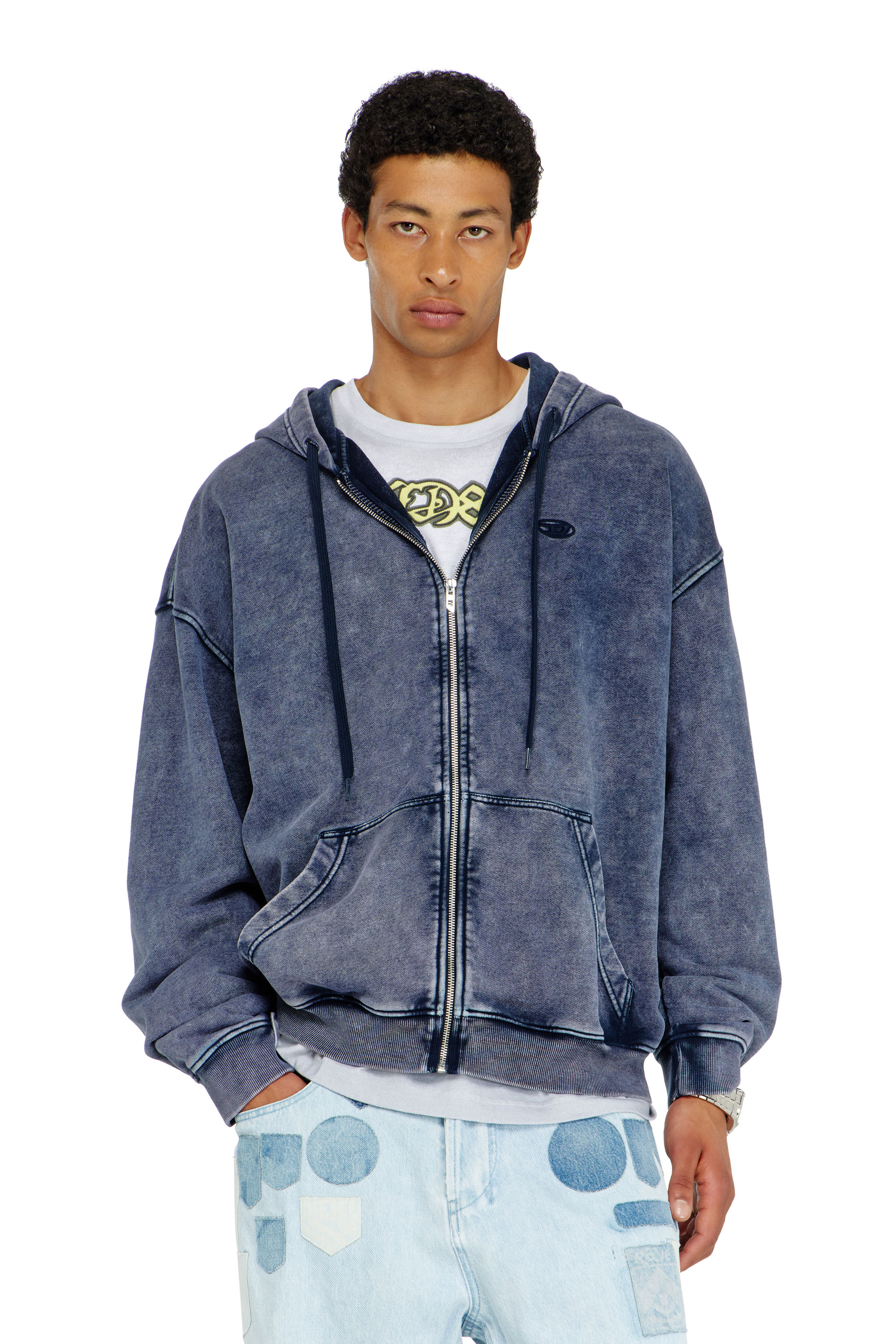 Diesel - S-BOXT-HOOD-ZIP-DEN, Sudadera con cremallera en felpa de algod&oacute;n tratado Hombre in Azul marino - 1