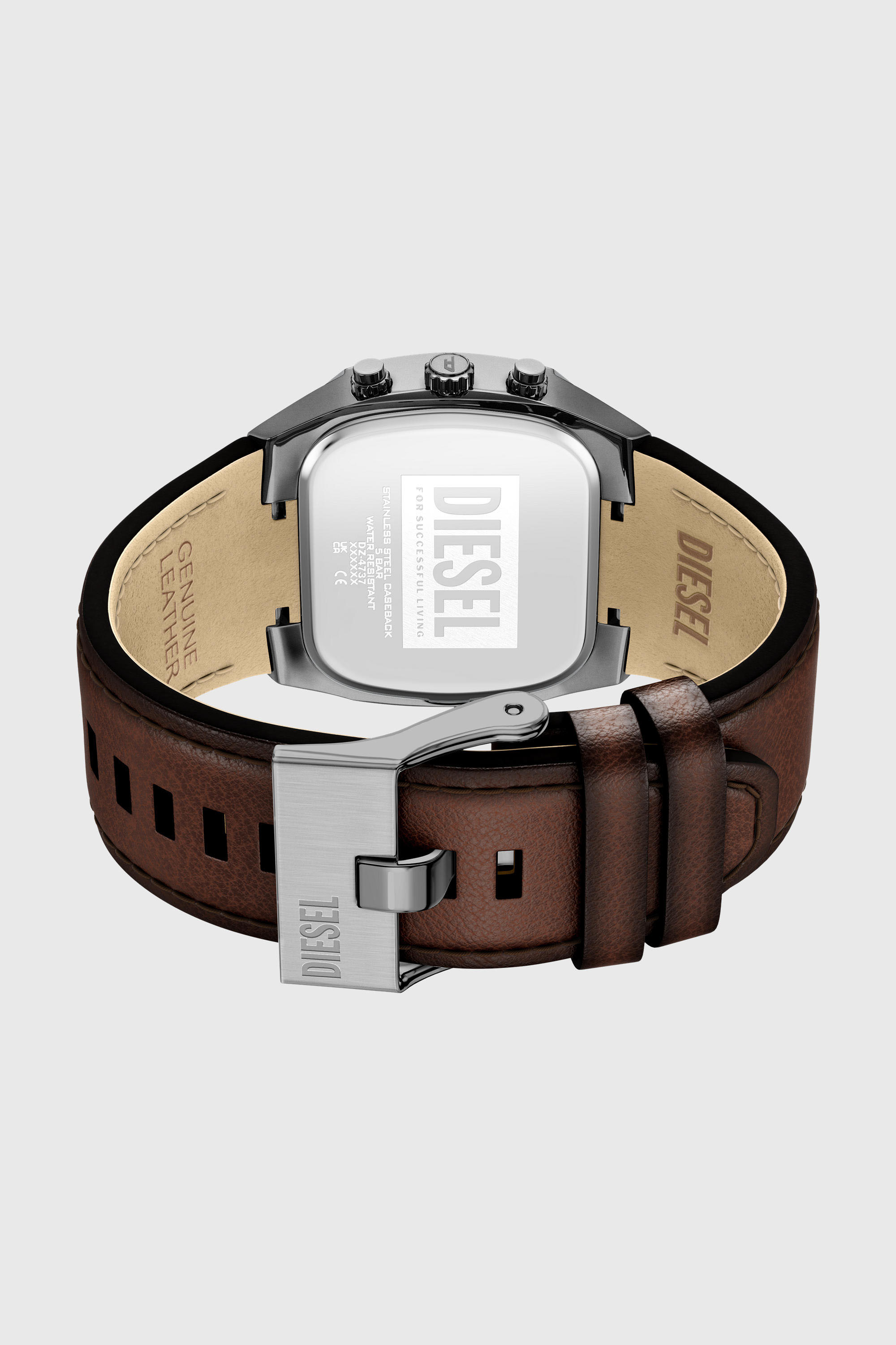 Diesel - DZ4737 WATCH, Man's Spiked Cushion brown leather watch in Brown - 4