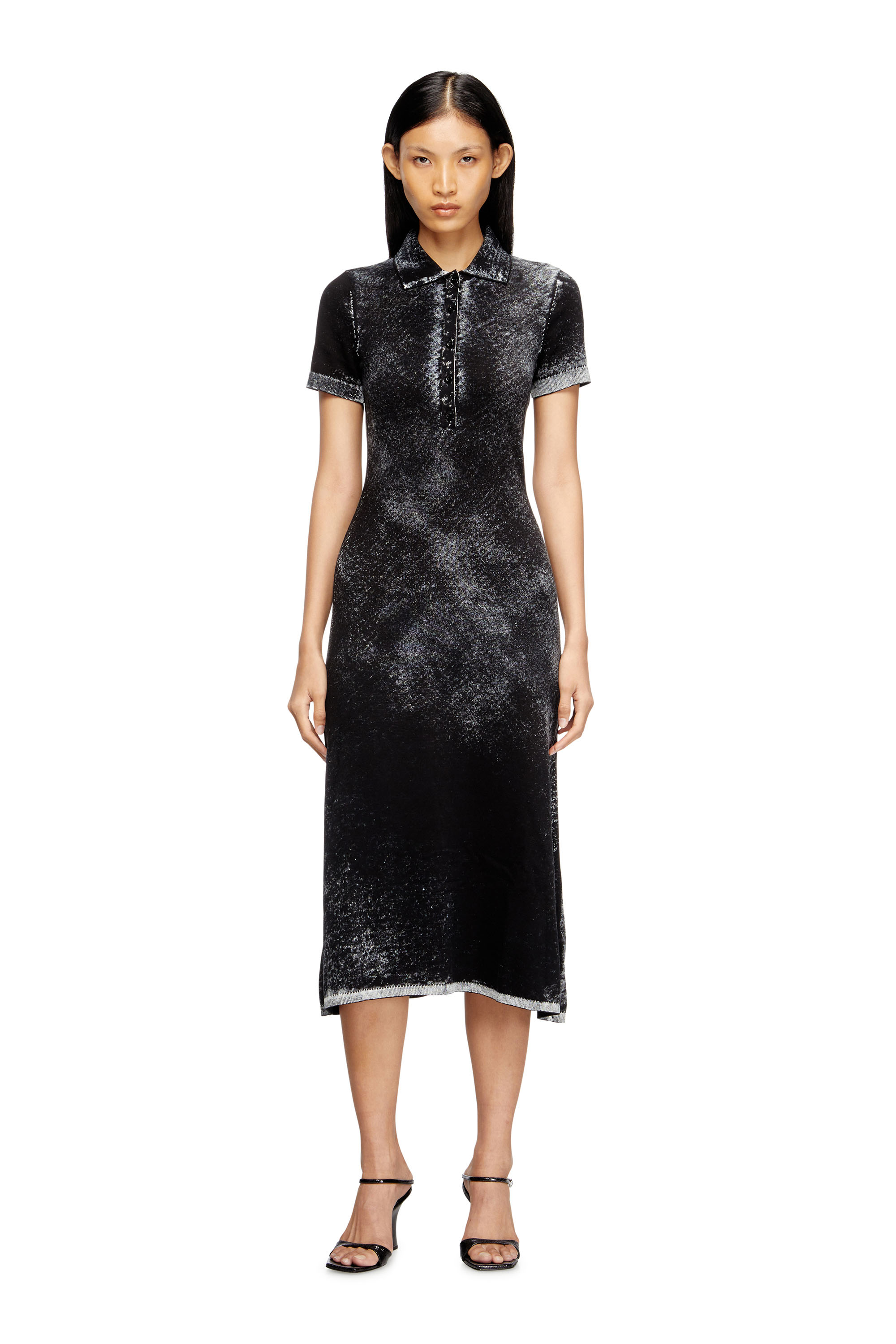 Diesel - M-LOURENS, Midi polo dress in reverse-printed knit Mujer in Negro - 1
