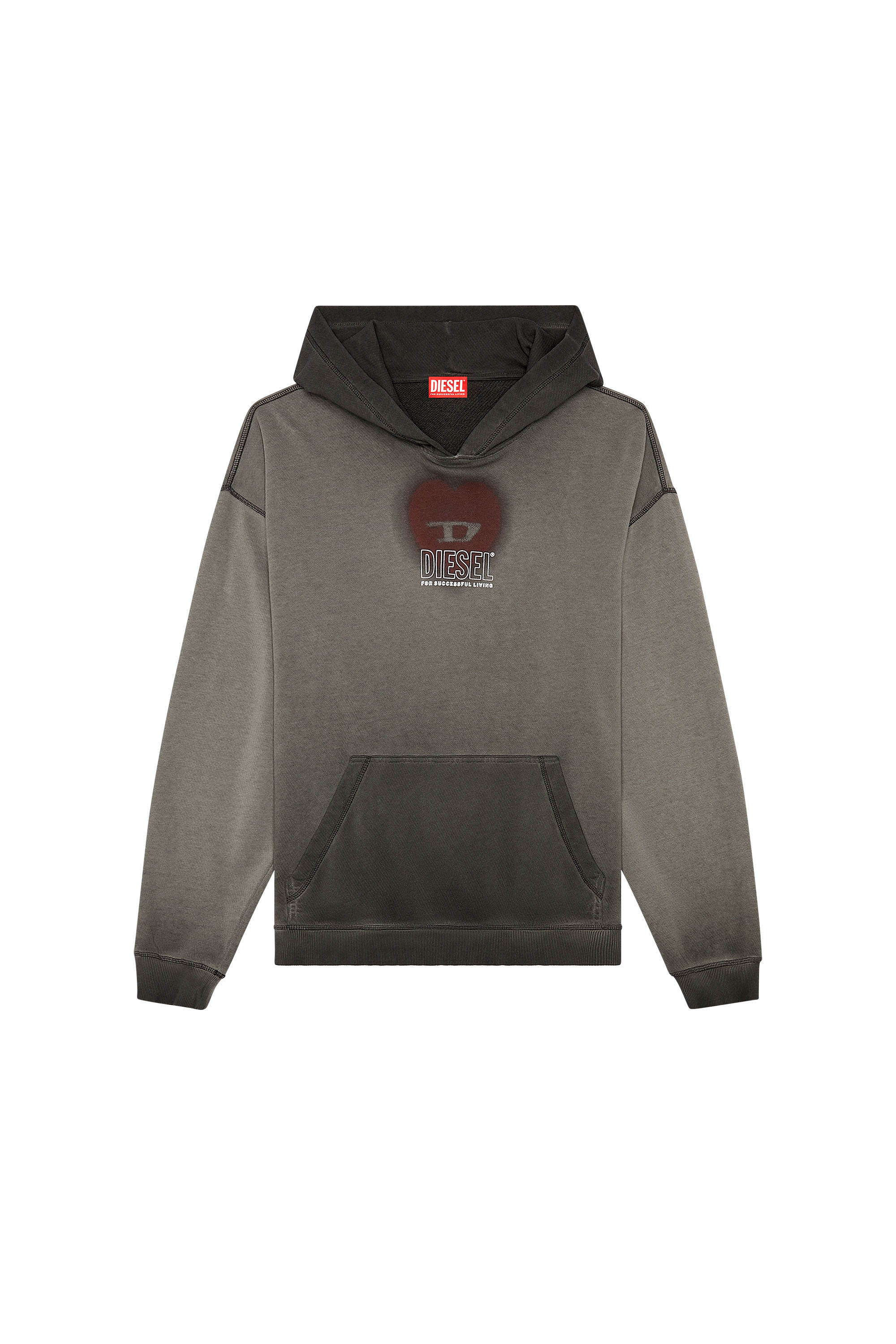 Diesel - S-BOXT-HOOD-N10, Sudadera con capucha deste&ntilde;ida con estampado de coraz&oacute;n Hombre in Negro - 1