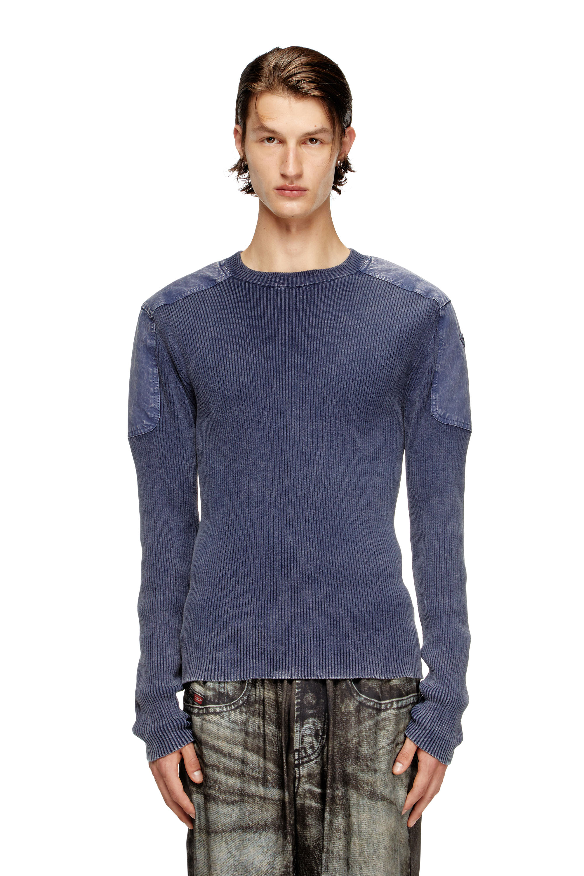 Diesel - K-MARTIN, Jersey con paneles de denim en los hombros Hombre in Azul marino - 3