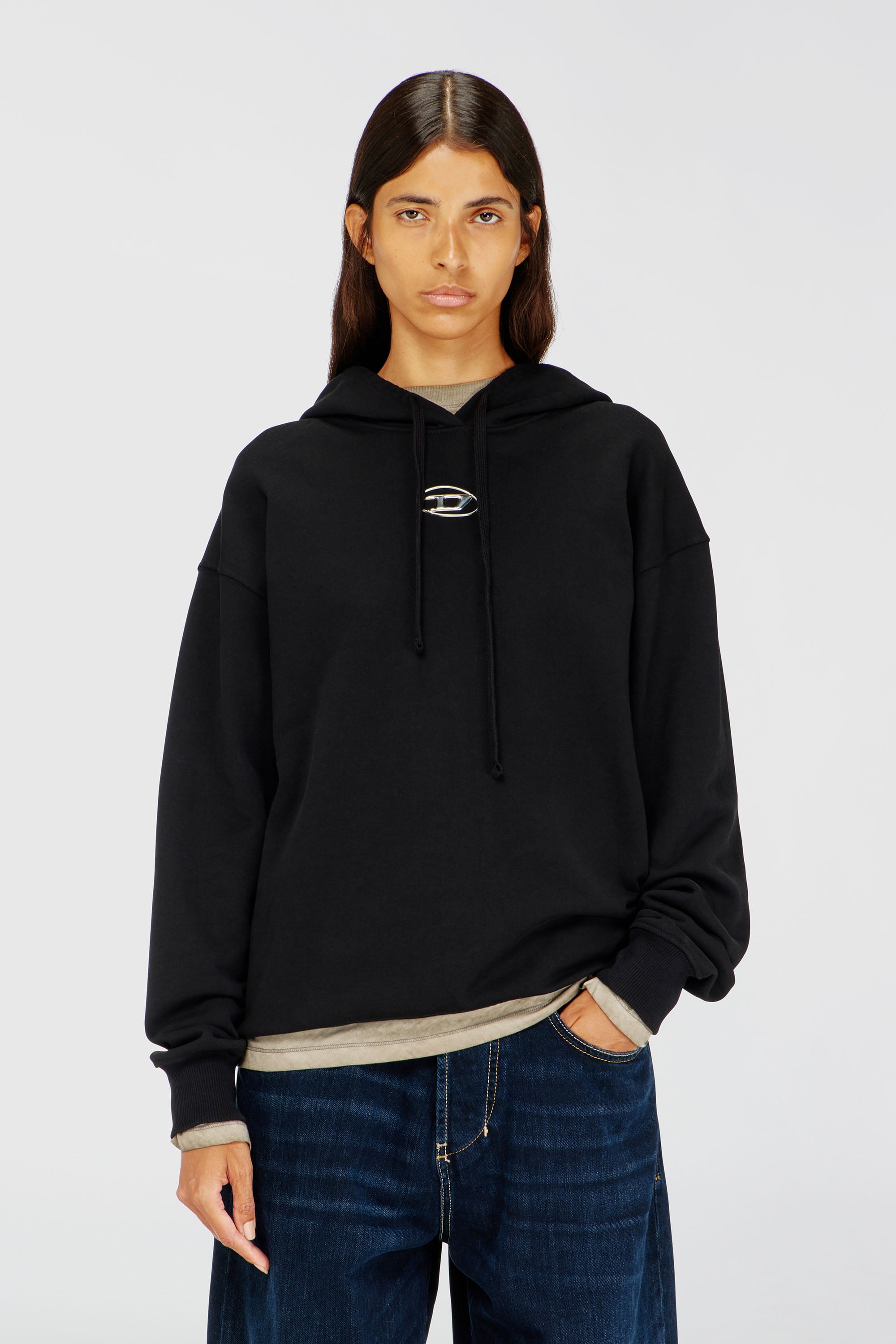 Diesel - F-BUXT-HOOD-OD, Sudadera con capucha con logotipo Oval D de efecto met&aacute;lico Mujer in Negro - 1