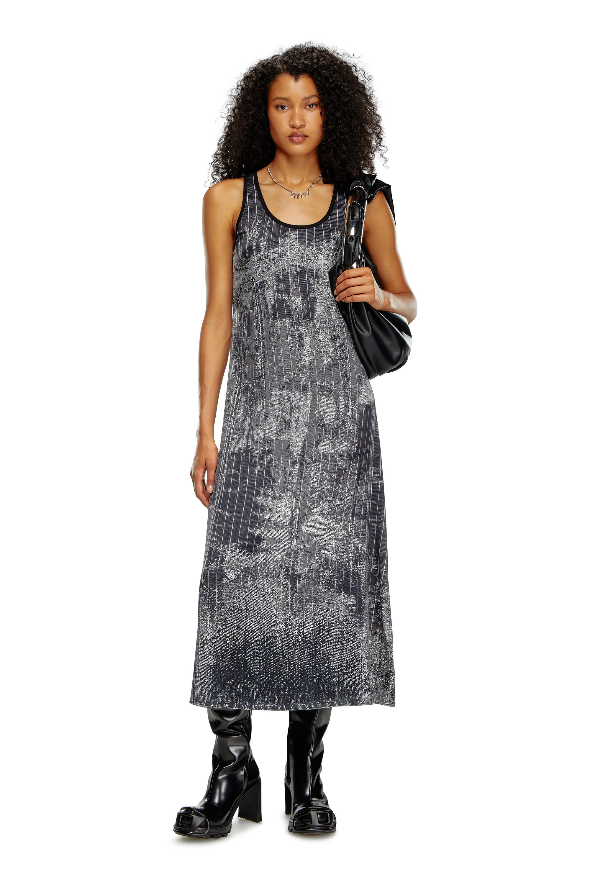 Diesel - D-SCREET, Mujer Vestido midi con estampado de denim a rayas finas in Negro - Image 2
