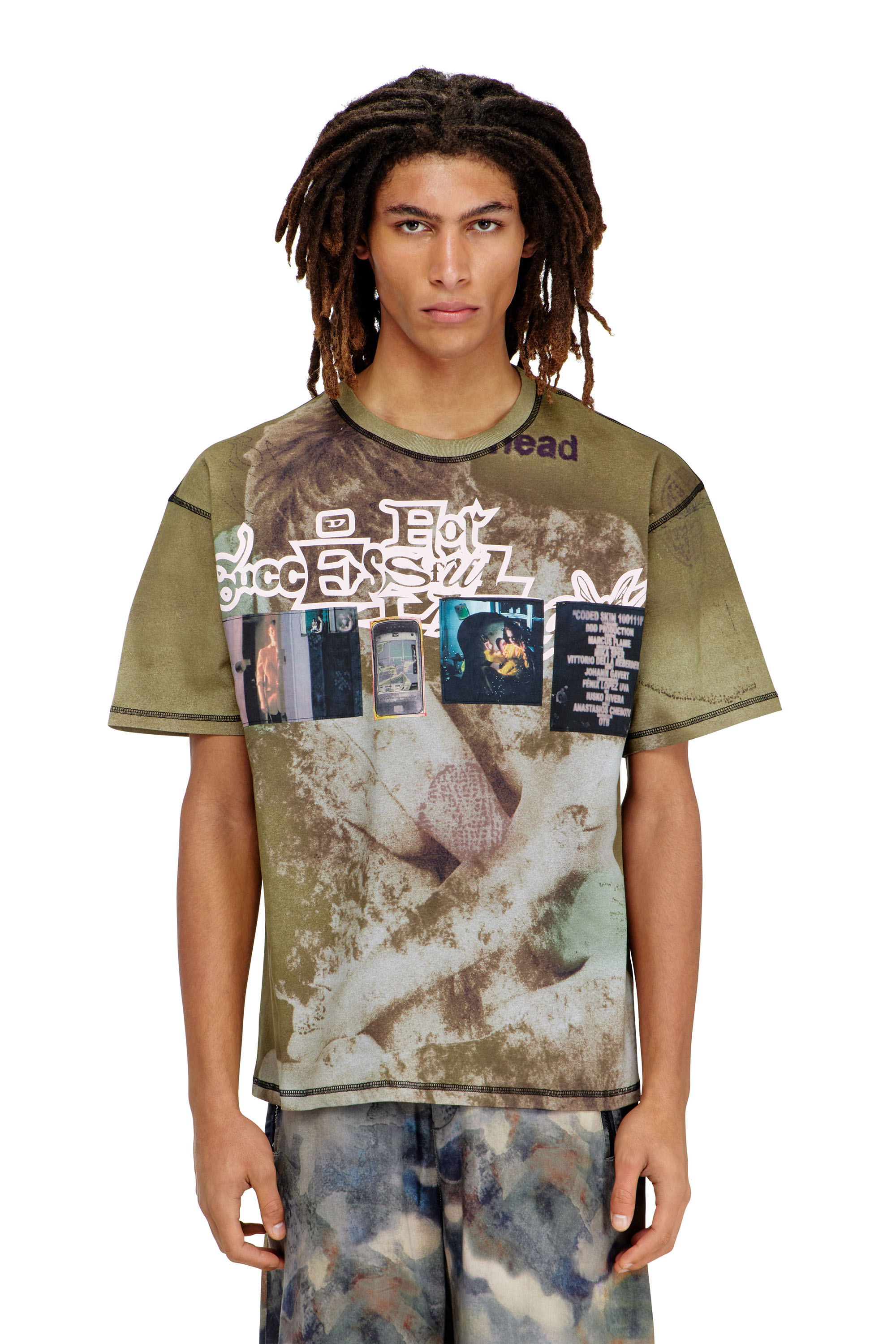 Diesel - T-BOXT-V5, Camiseta relax con estampados y parches por toda la prenda Hombre in Verde - 1