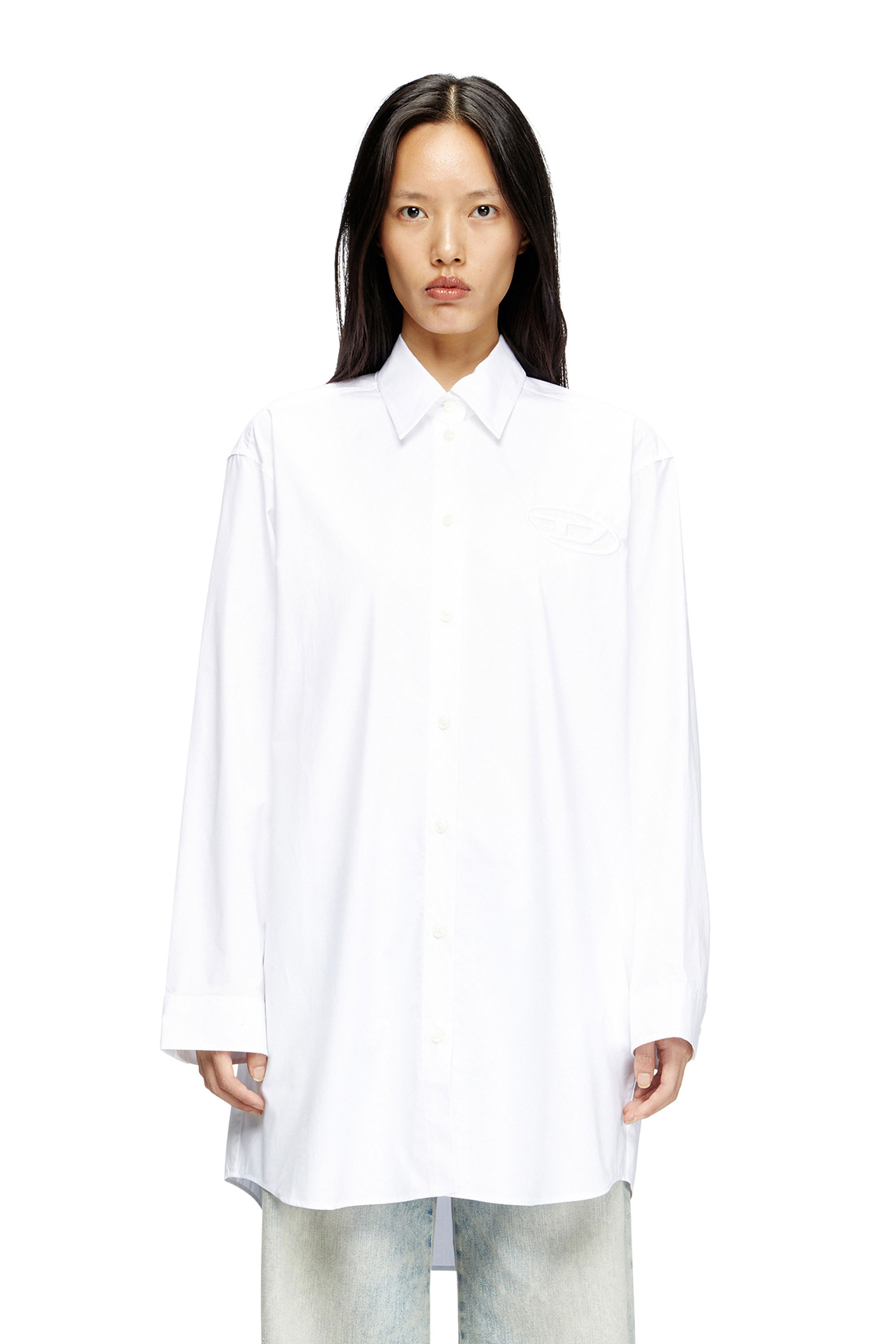 Diesel - D-DALIS, Vestido camisero corto con logotipo bordado Mujer in Blanco - 3