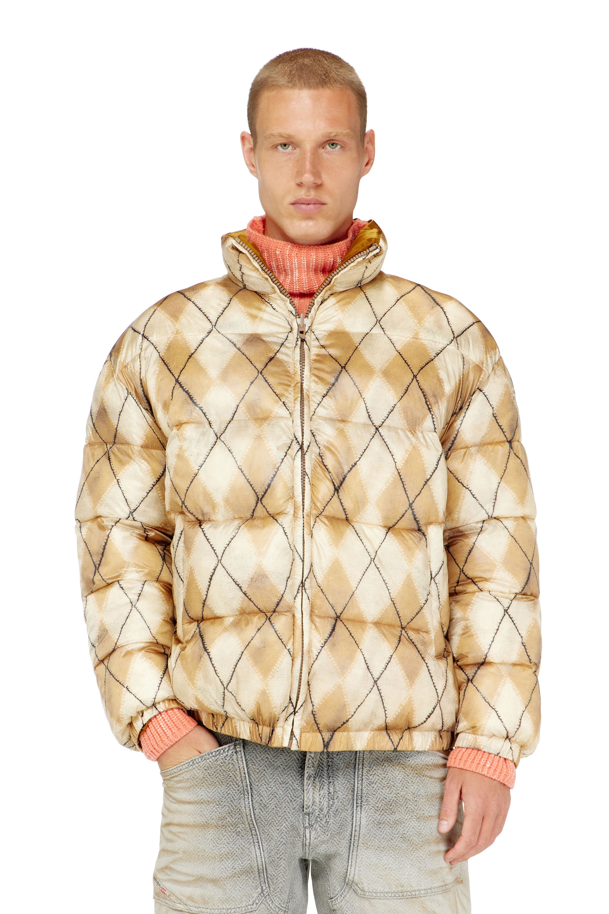 Diesel - W-BOURB-DLCK, Chaqueta puffer reversible con estampado argyle Hombre in Beige - 1