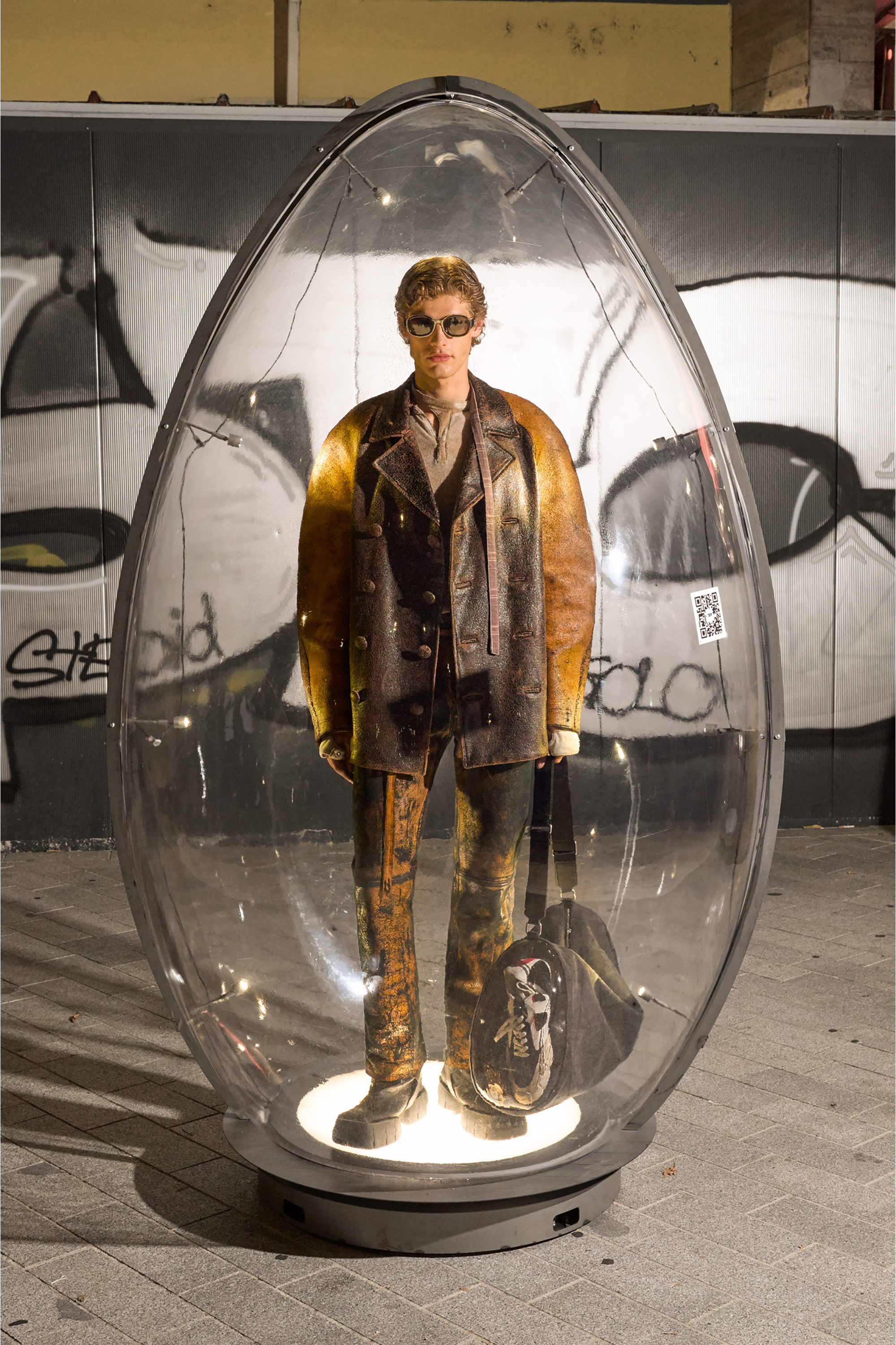 Diesel - L-NAHUN, Man's Cocoon peacoat in crackle leather in Brown - 3