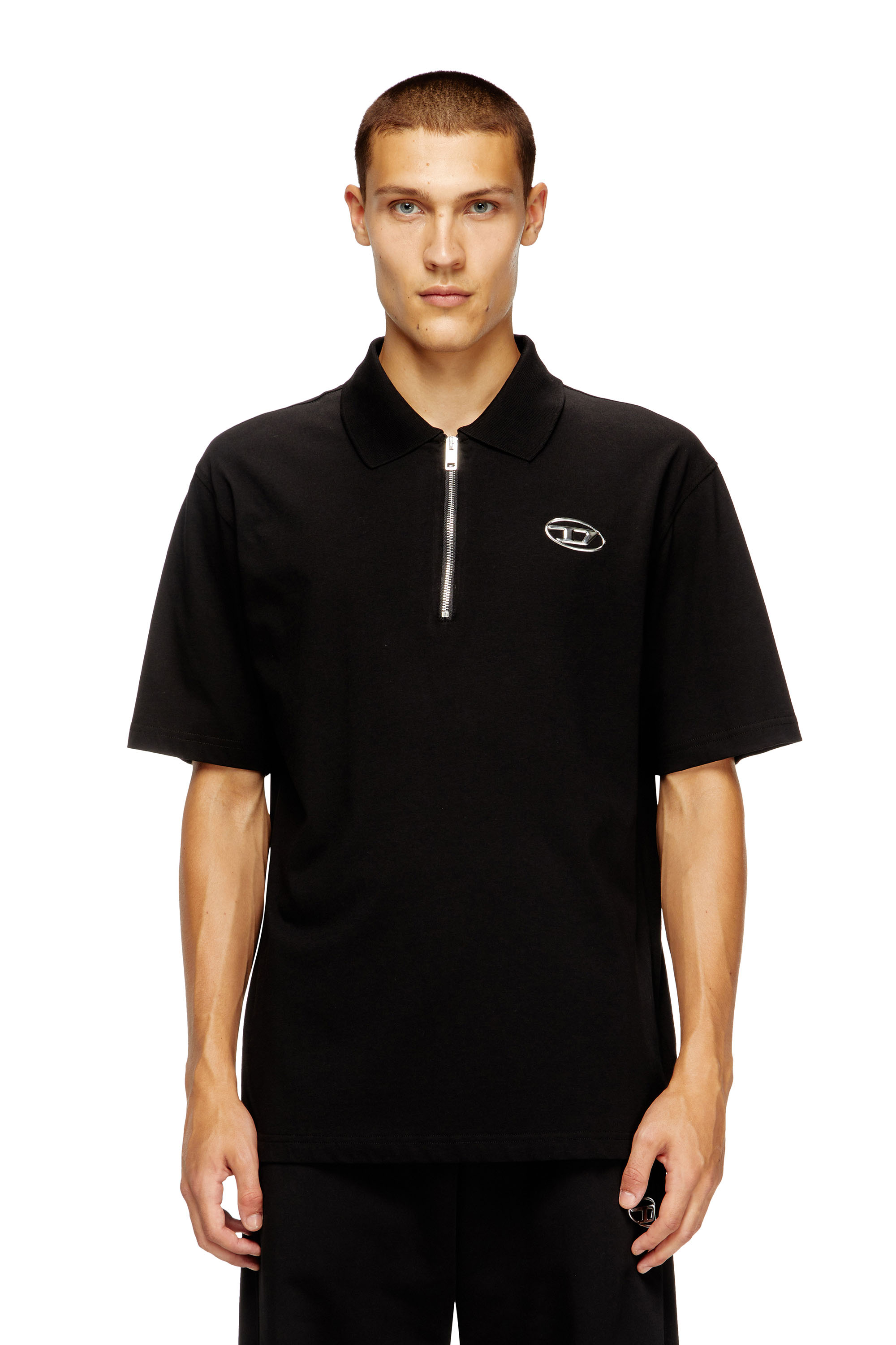 Diesel - T-VOR-OD, Polo con cremallera delantera y logotipo Oval D cortado con láser Hombre in Negro - 1