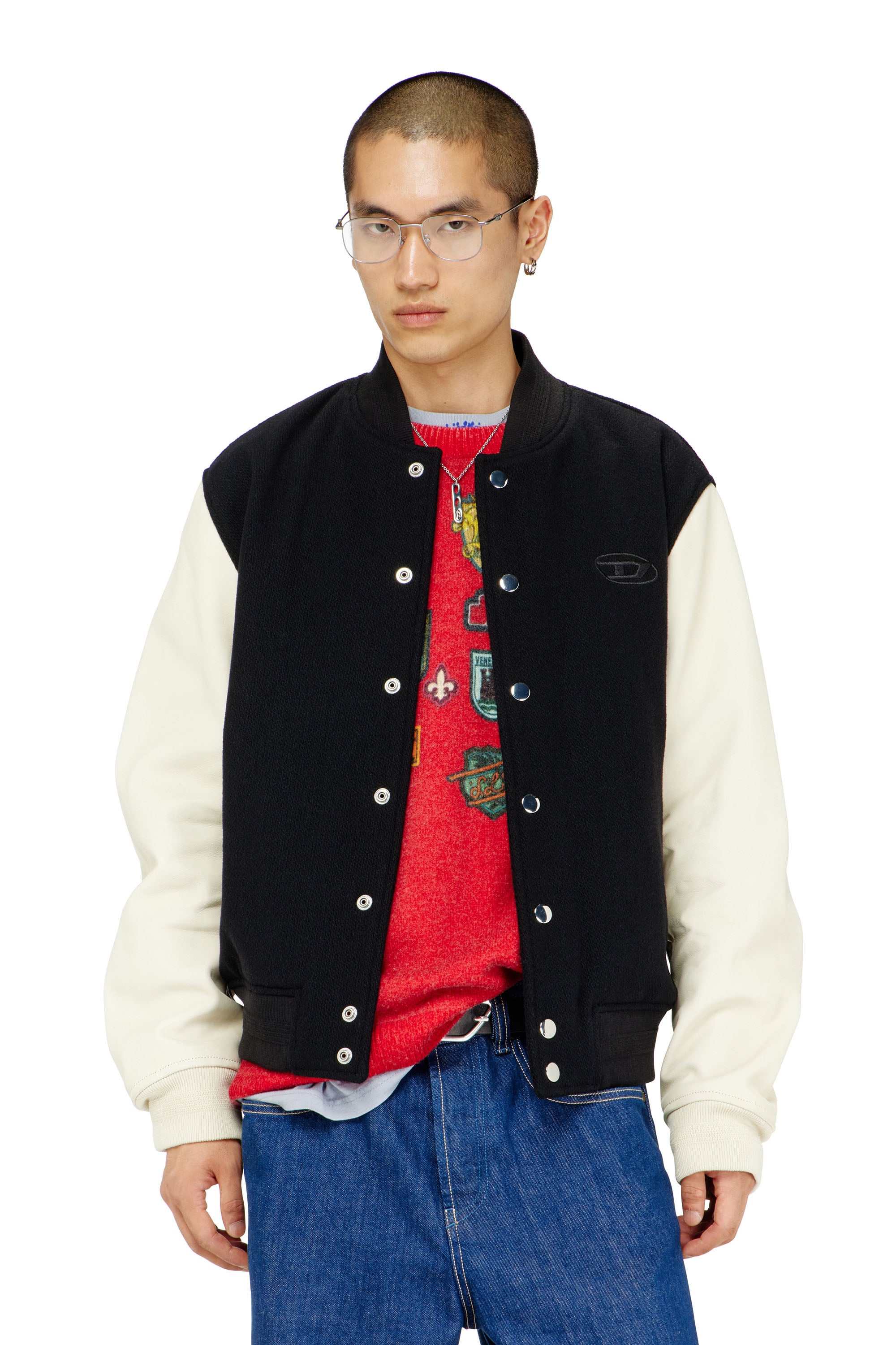 Diesel - L-ARRY-WRD, Chaqueta bomber en mezcla de lana y cuero Hombre in Multicolor - 1