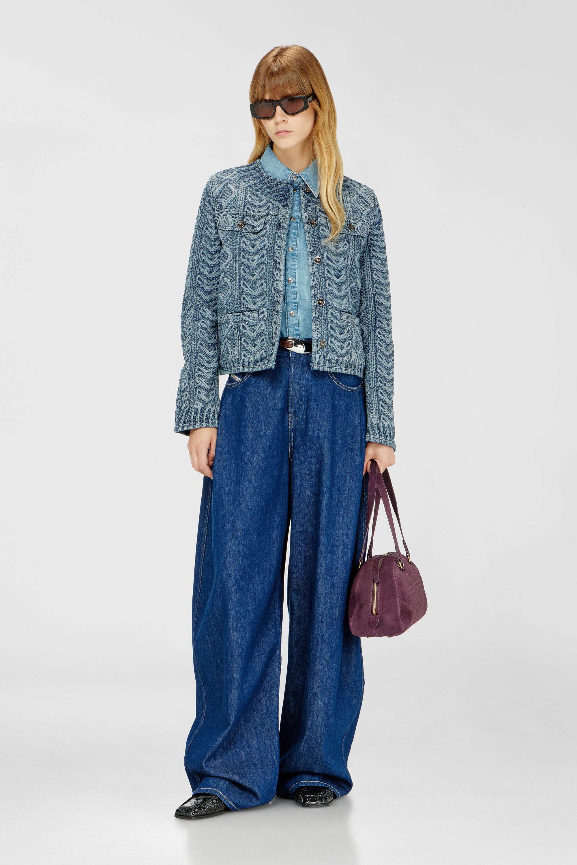 Diesel - DE-GRAFY-S2, Chaqueta sin cuello de denim con efecto punto trenzado Mujer in Azul marino - 1