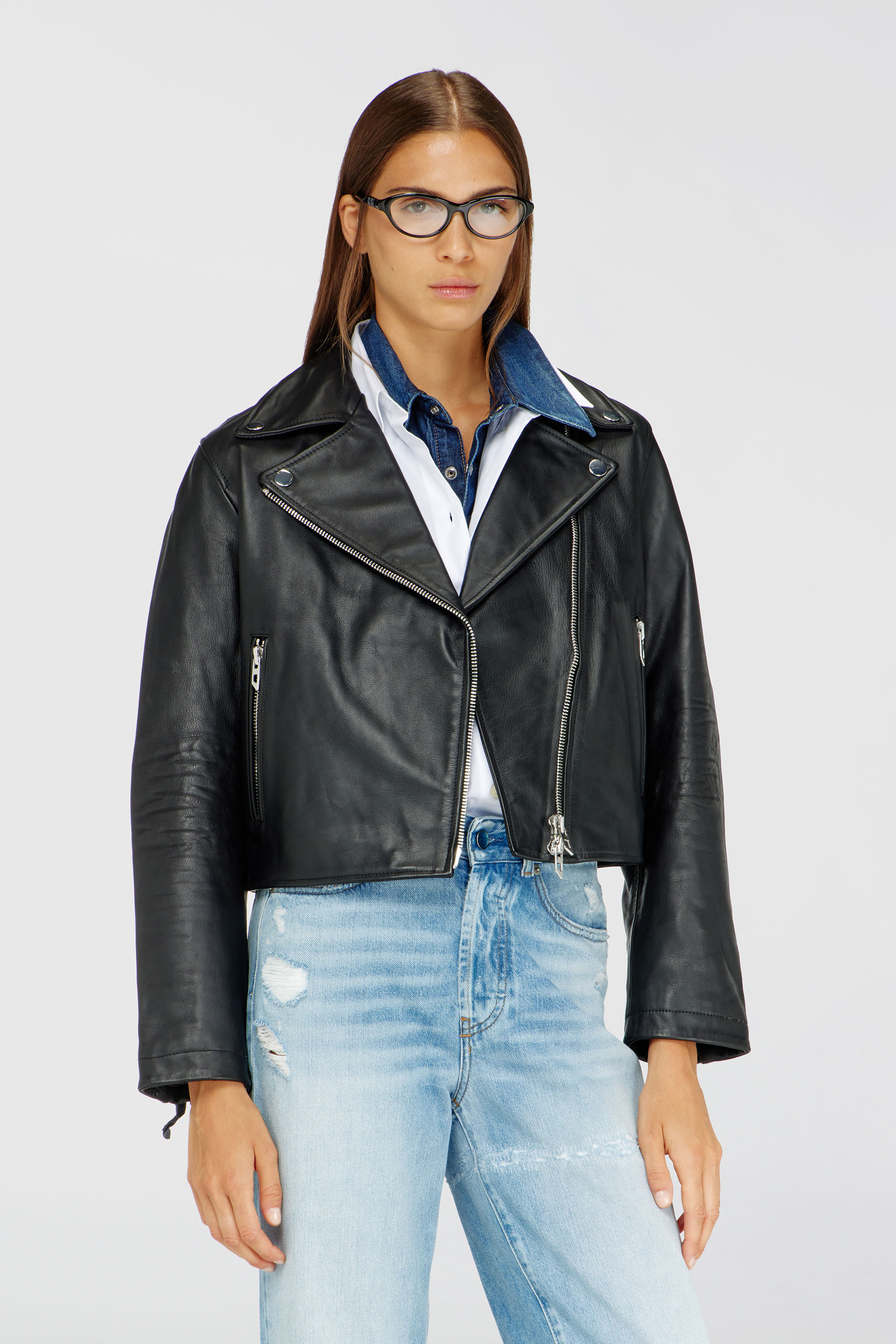 Diesel - L-UNATIC, Chaqueta biker de piel encerada Mujer in Negro - 1