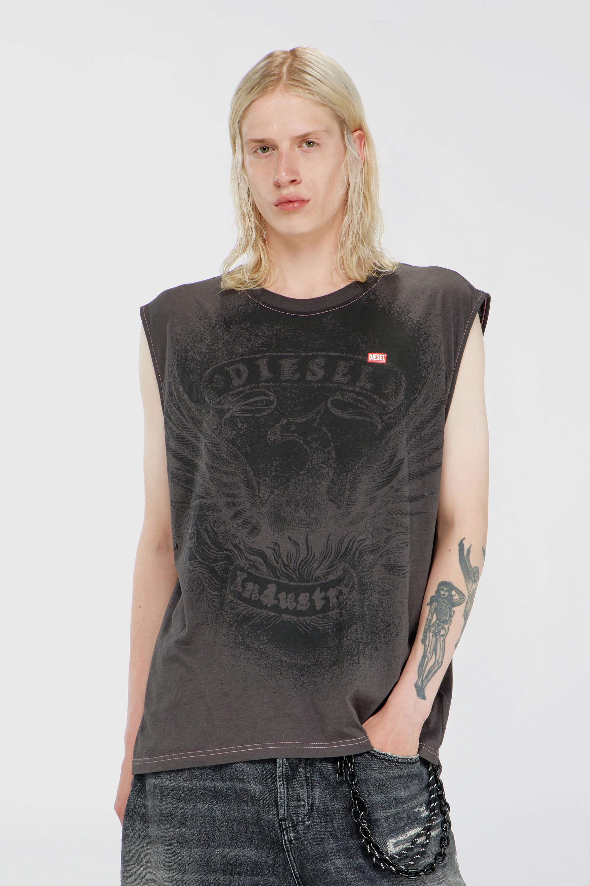 Diesel - T-BOXT-SL-NOTCH, Top sin mangas de algod&oacute;n con gr&aacute;fico tonal Hombre in Gris - 1