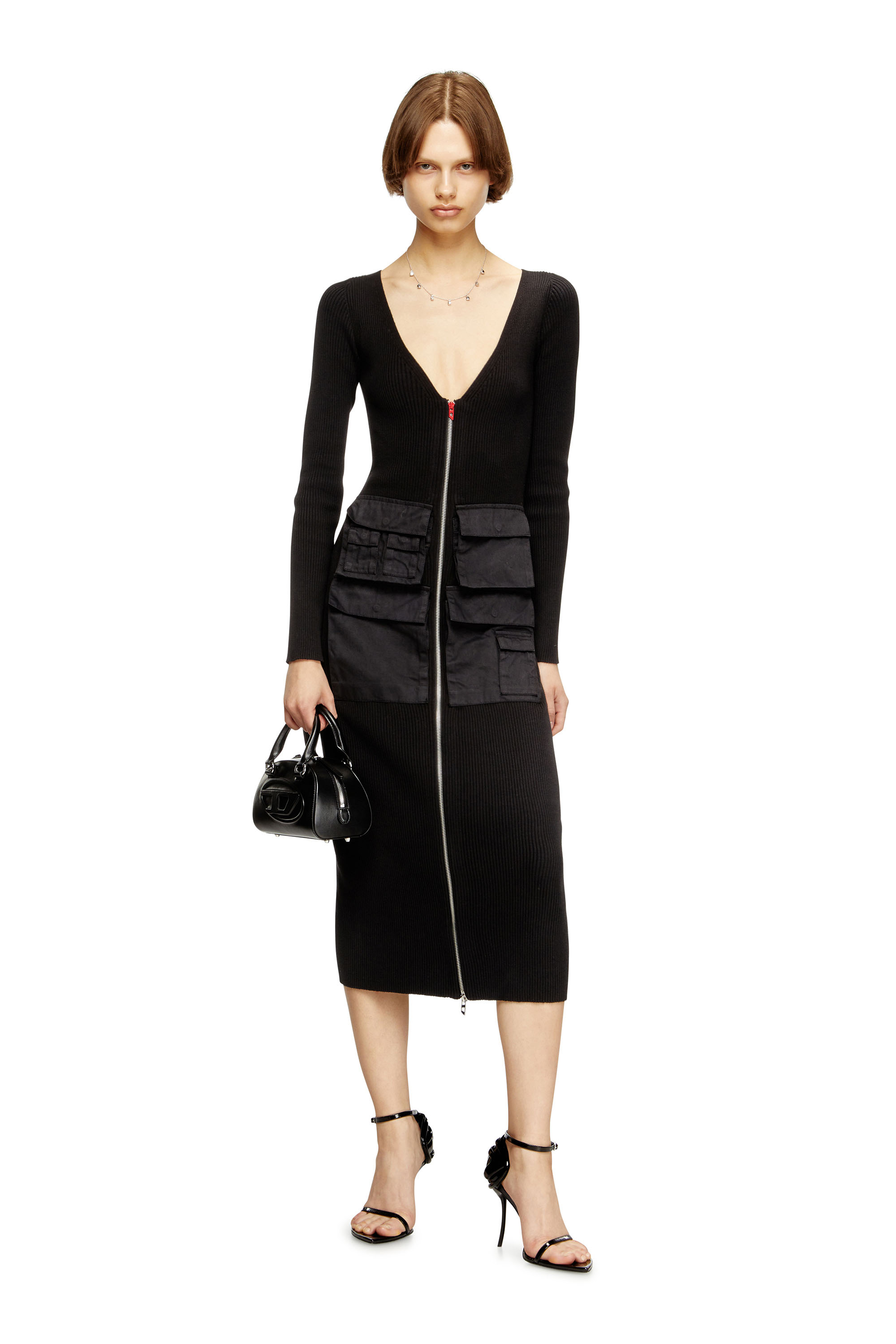 Diesel - M-MELTI-LS, Vestido midi en canalé con bolsillos cargo Mujer in Negro - 1