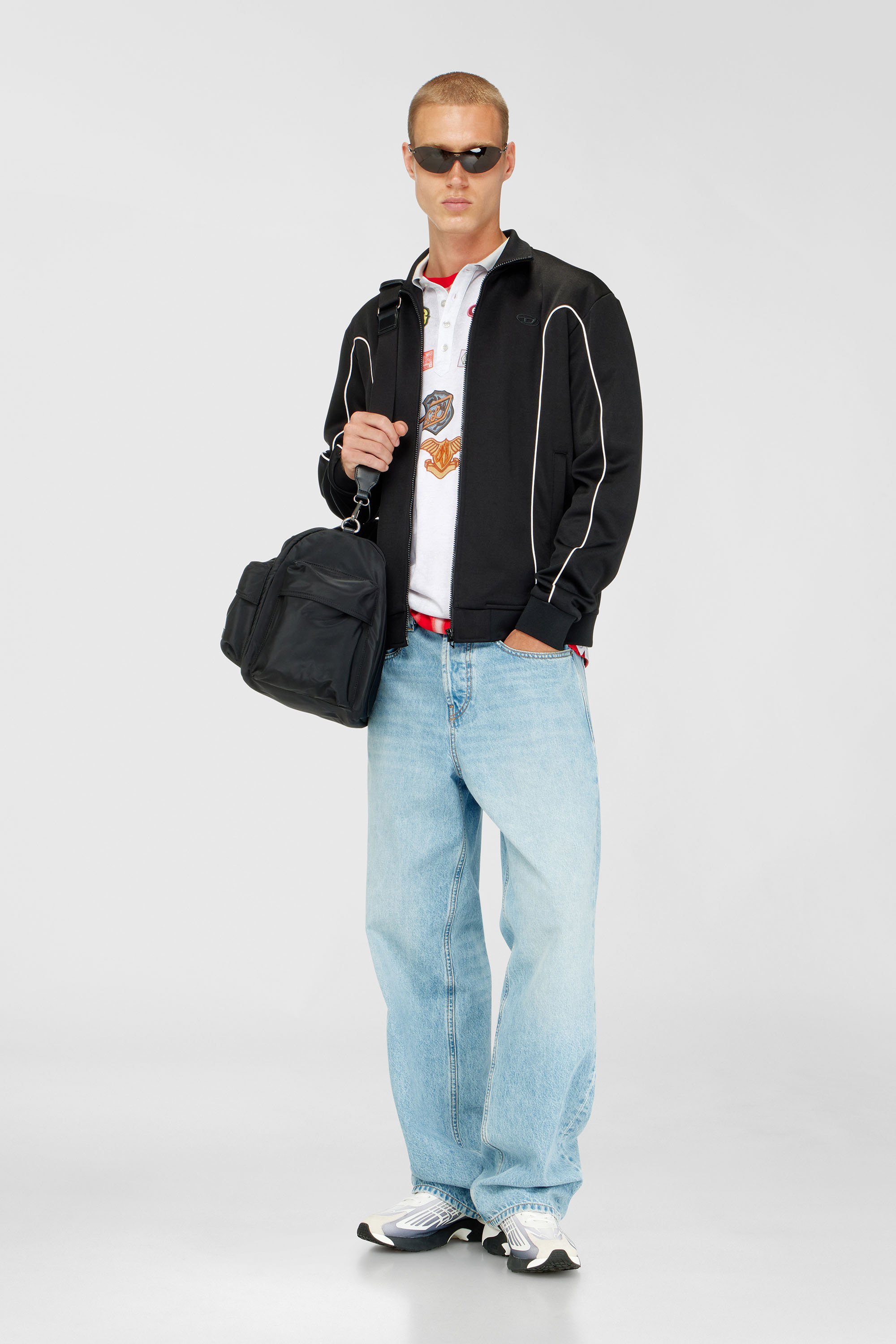 Diesel - S-LOCKING-DO, Chaqueta de ch&aacute;ndal de felpa con ribetes en contraste Hombre in Negro - 1