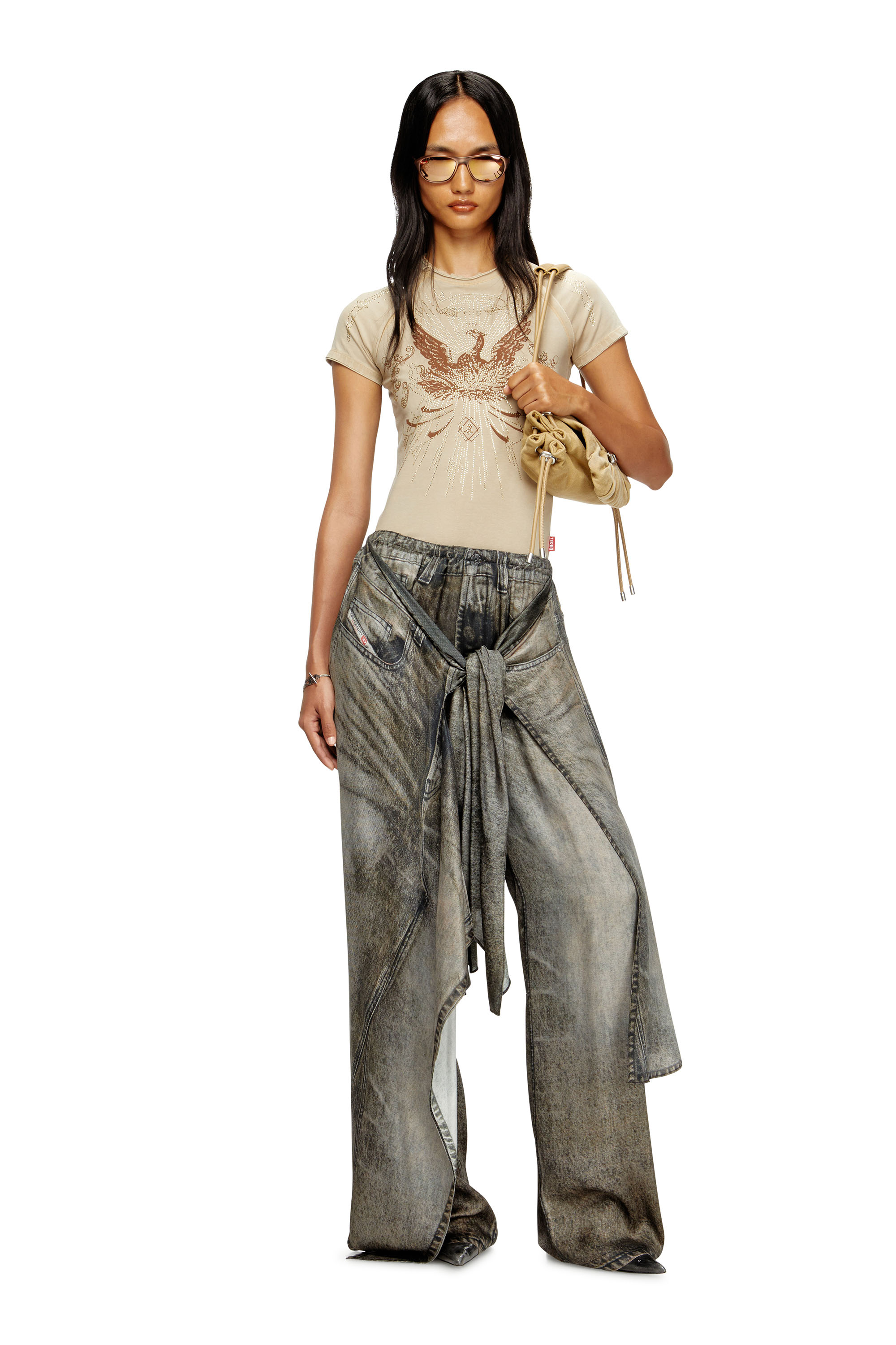 Diesel - T-ROWEENA, Camiseta de ave fénix con piedras Mujer in Marrón - 1