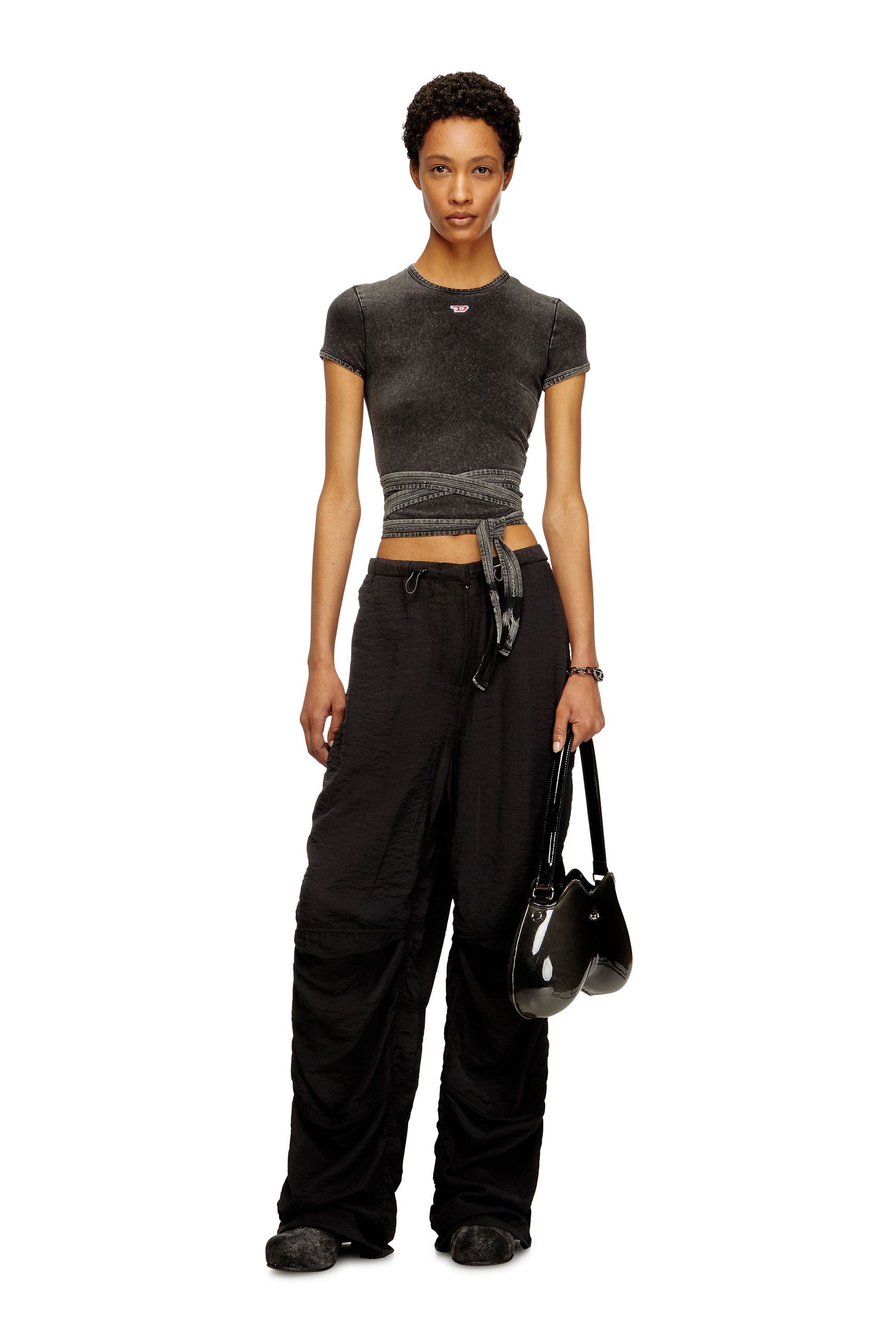 Diesel - T-BUNNY-TAIL-R1, Camiseta de aspecto denim con lazos cruzados Mujer in Negro - 2