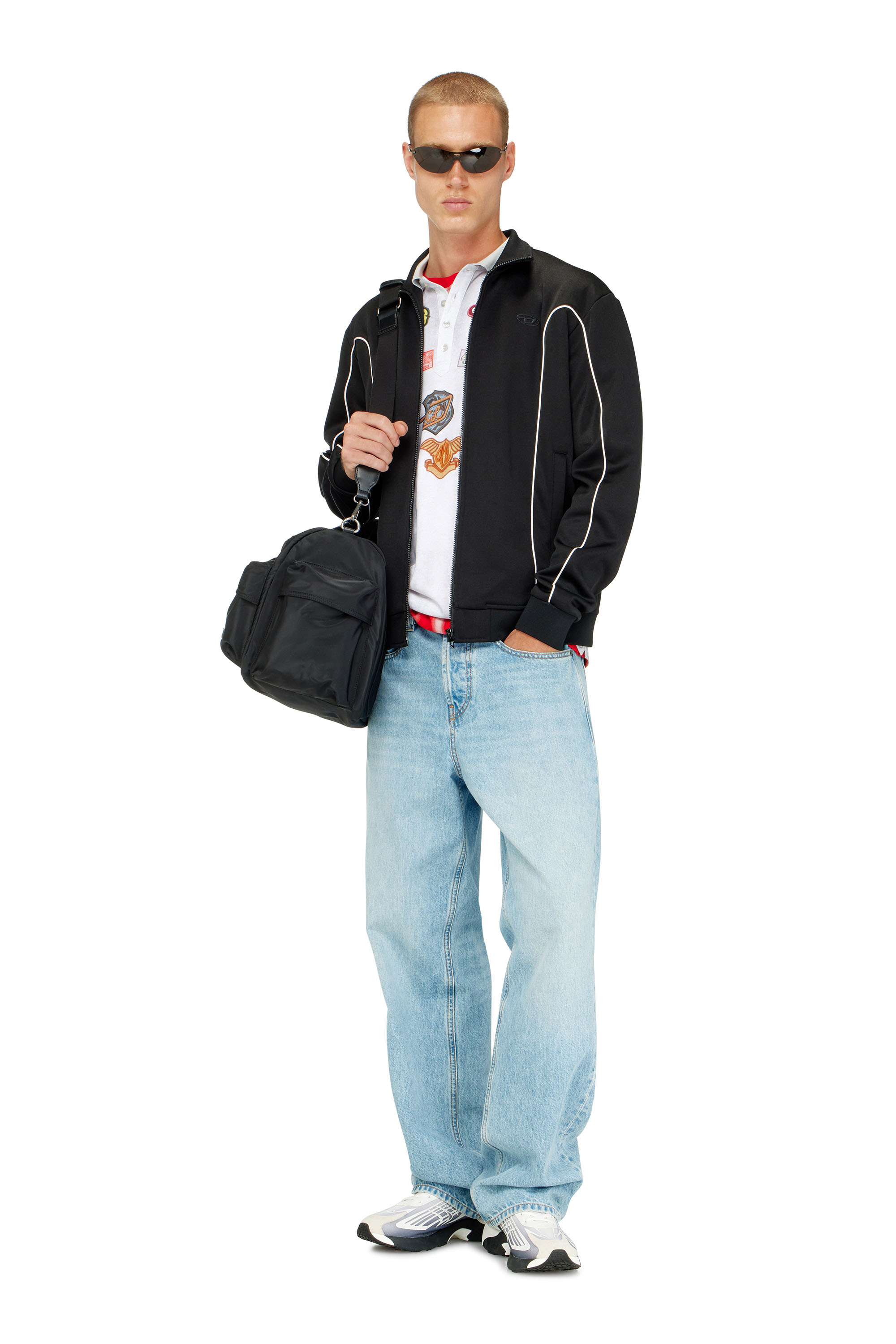Diesel - S-LOCKING-DO, Chaqueta de ch&aacute;ndal de felpa con ribetes en contraste Hombre in Negro - 2
