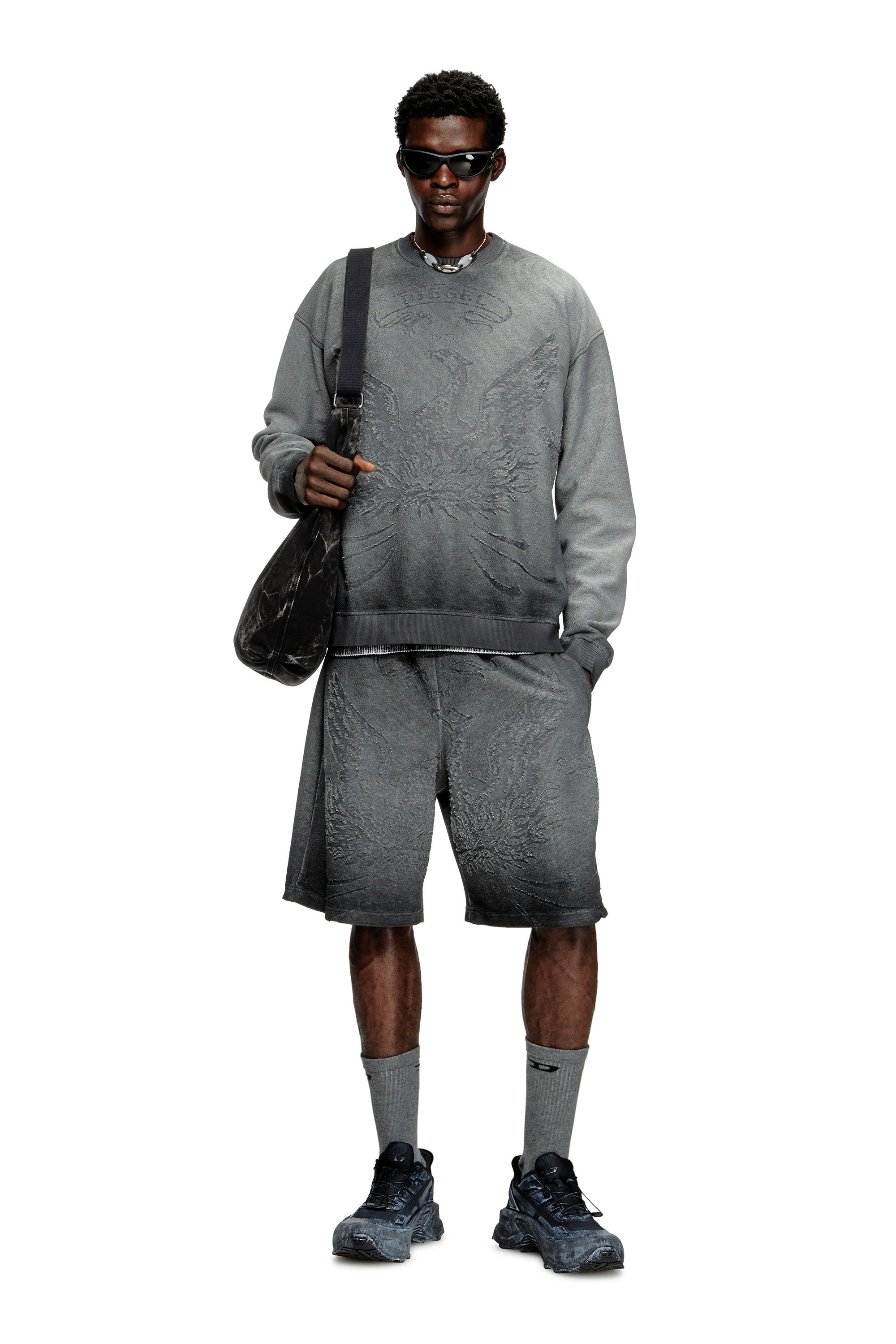 Diesel - S-ARON, Sudadera desteñida con logotipo Phoenix devoré Hombre in Gris - 1