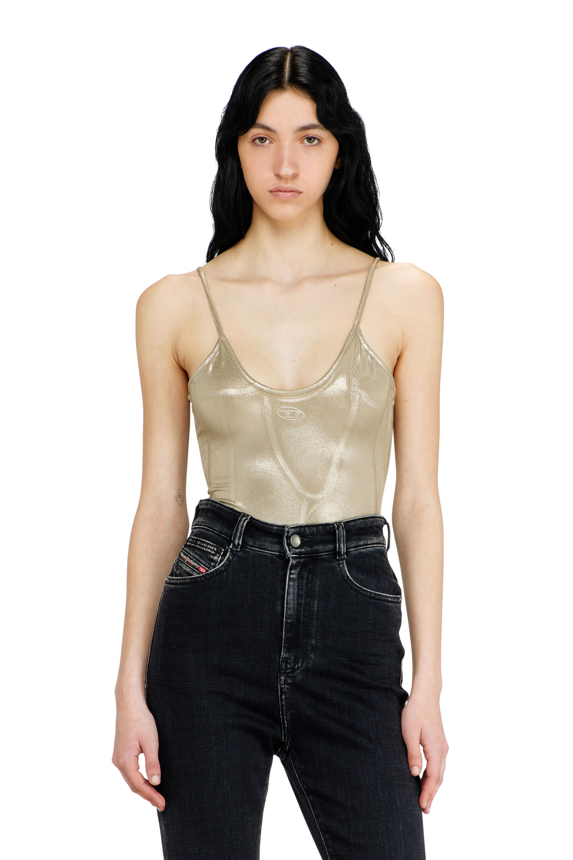 Diesel - T-IMYNY, Body de punto brillante con cuello redondo Mujer in Beige - 1