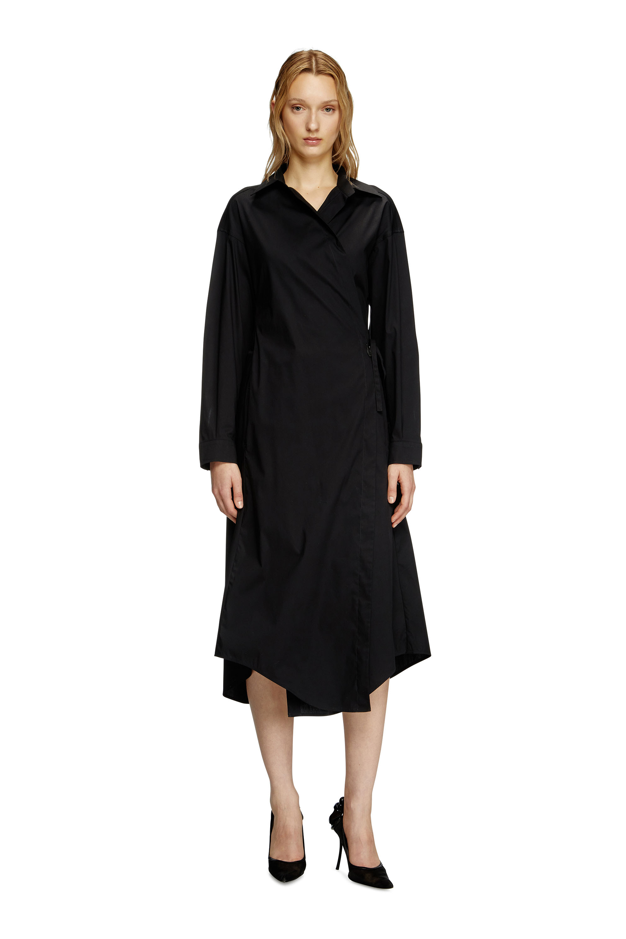 Diesel - D-ELPHI-LONG, Vestido camisero de popelín mezcla de algodón Mujer in Negro - 3