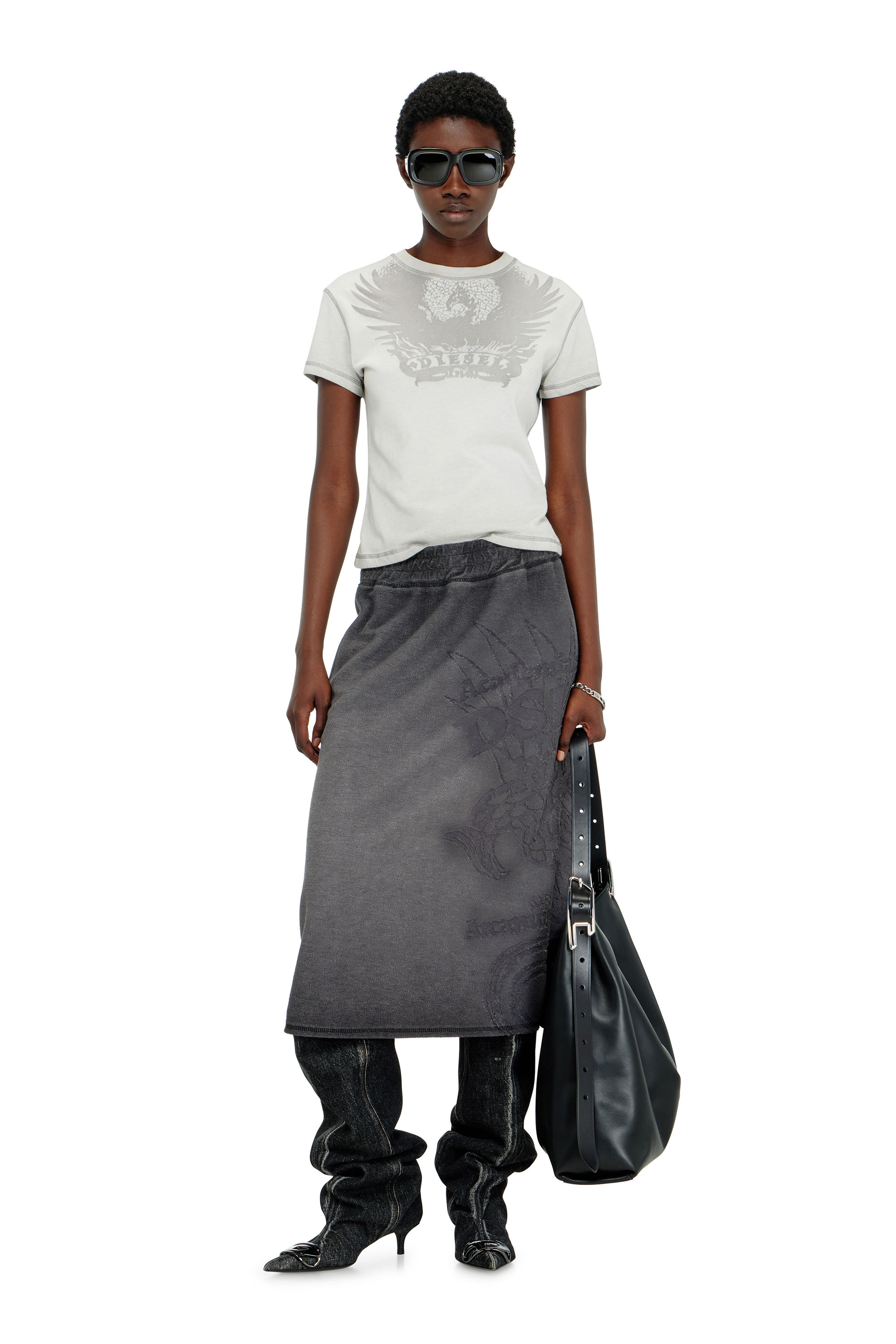Diesel - O-BEAUTY, Falda midi de felpa con estampado devor&eacute; Mujer in Gris - 1