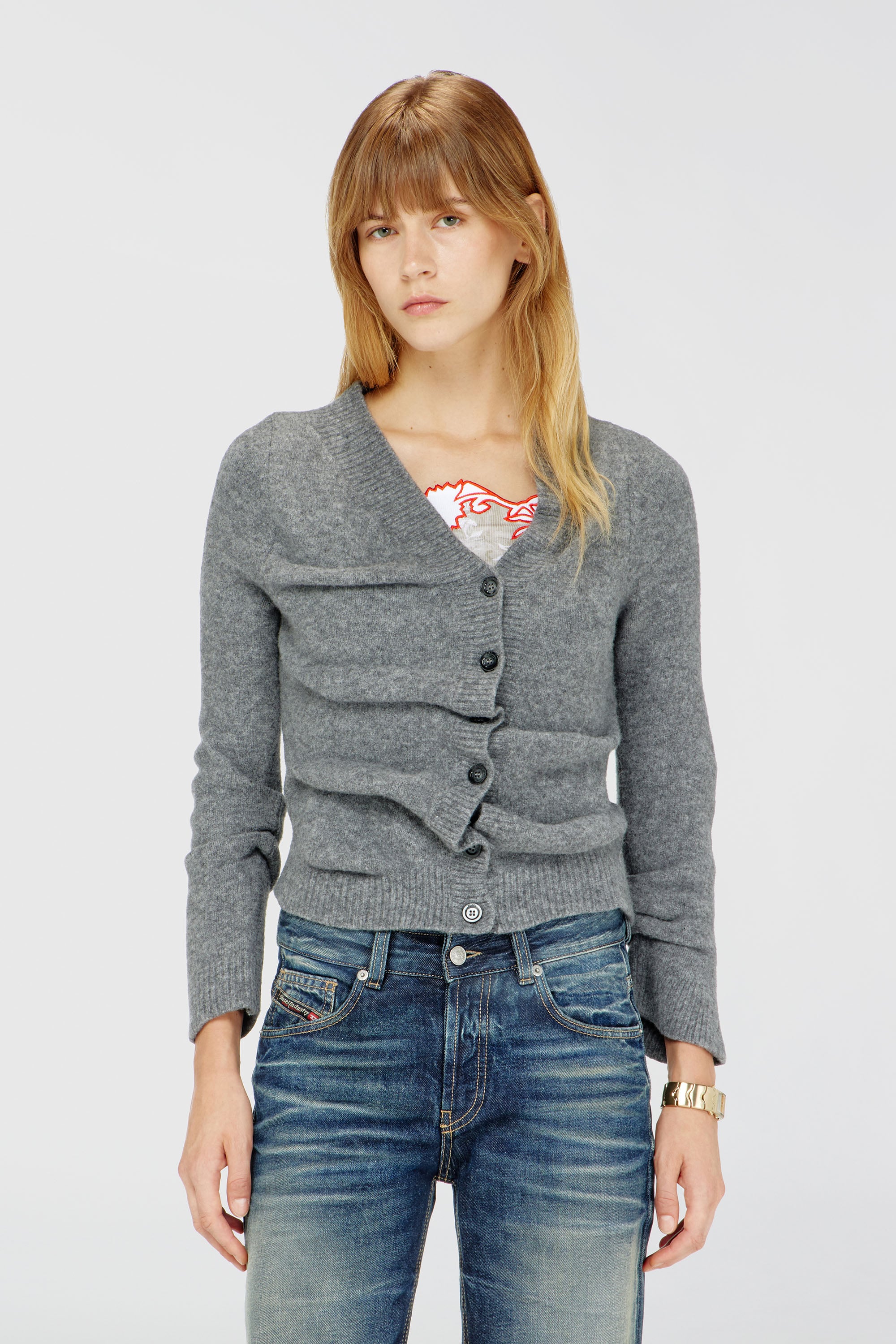 Diesel - M-AVA, C&aacute;rdigan cropped de punto hervido arrugado Mujer in Gris - 2