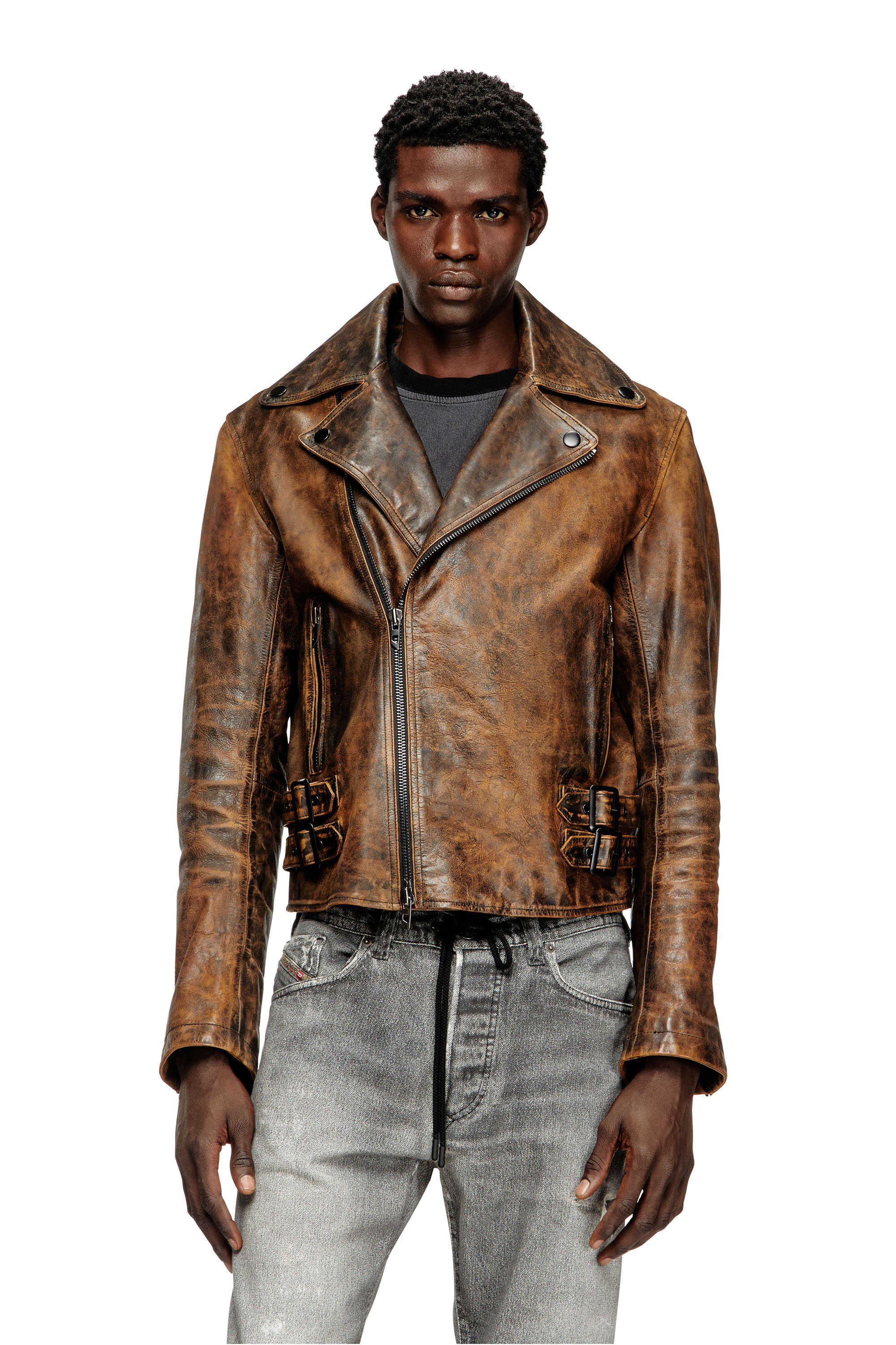 Diesel - L-EON, Chaqueta biker en cuero tratado Hombre in Marrón - 1