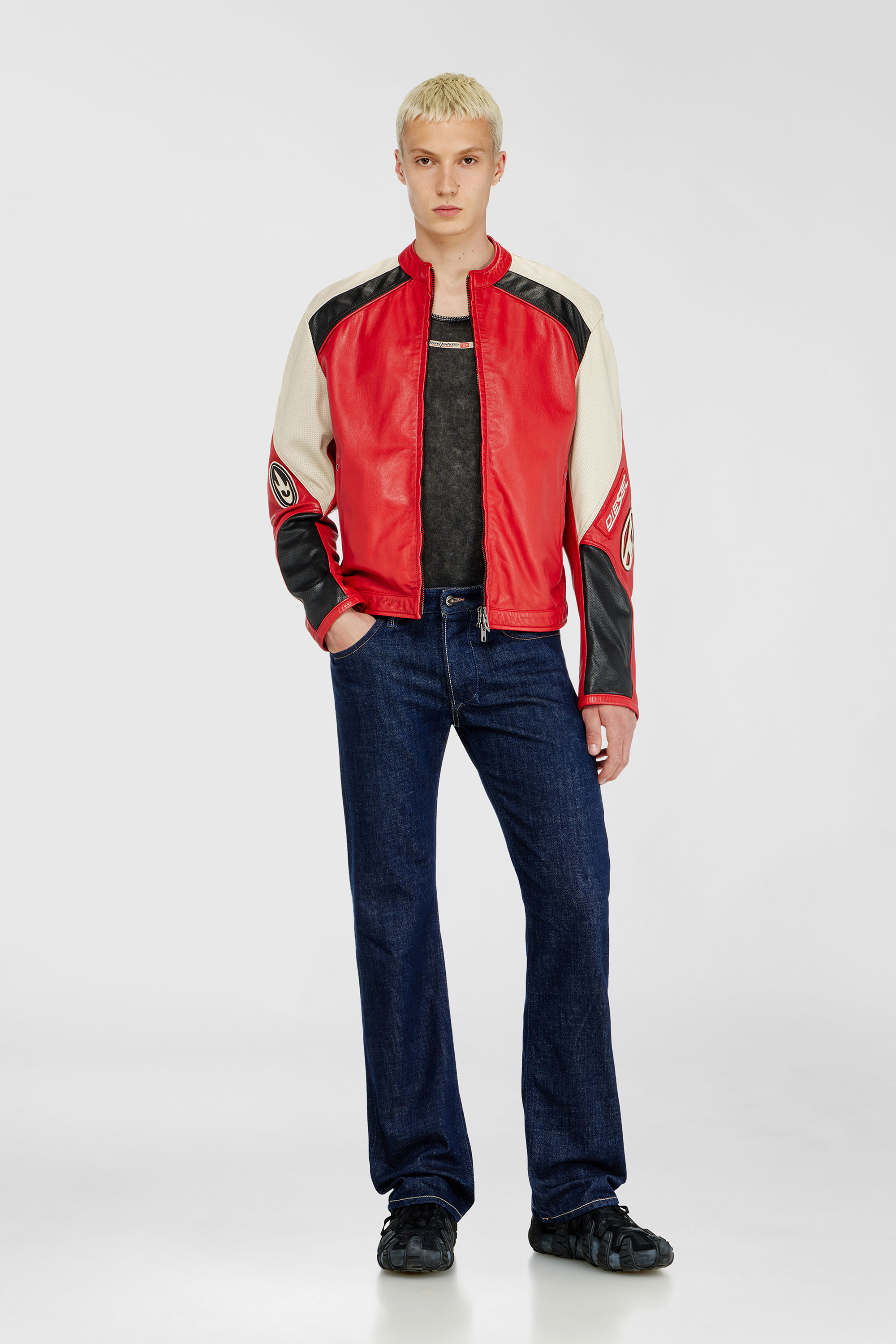 Diesel - L-AHTI, Cazadora biker de piel perforada en bloques de color Hombre in Multicolor - 1